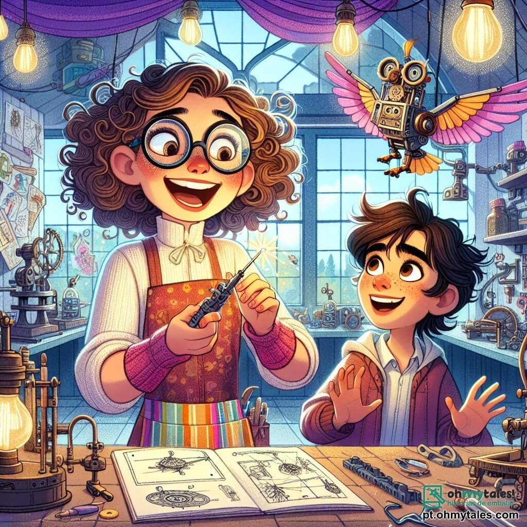 Clara, uma inventora de cabelos cacheados e despenteados, usa óculos redondos e um avental colorido, sorrindo entusiasticamente enquanto segura um pequeno pássaro mecânico que voa ao seu redor. Ao seu lado, Miguel, um garoto de dez anos com cabelos castanhos e olhos brilhantes de curiosidade, observa o pássaro com admiração, com os braços levantados em sinal de empolgação. A cena acontece em um encantador e colorido ateliê de invenções, repleto de máquinas estranhas, peças de metal brilhantes e esboços pendurados nas paredes, com a luz do sol filtrando através de janelas adornadas com cortinas roxas. Clara e Miguel estão testando uma nova invenção, um pássaro mecânico que voa alegremente pelo ateliê, criando uma atmosfera de magia e criatividade.