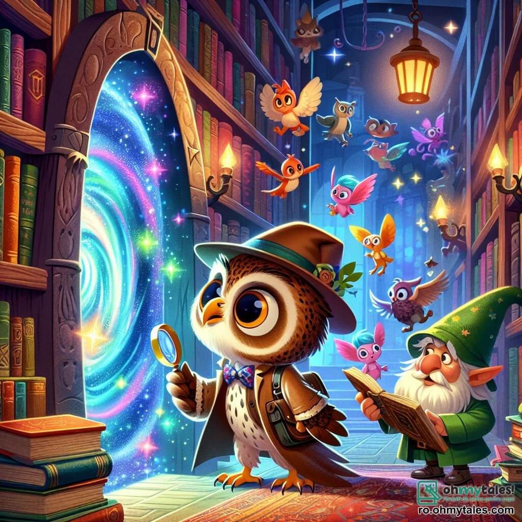 Într-o bibliotecă veche, o bufniță detectiv pe nume Oliver, cu ochi mari și rotunzi și pene maronii cu pete, privește cu curiozitate un portal luminos care strălucește în fața lui. Pare hotărât și puțin surprins, ținând o lupă magică în gheare. Lângă el, un spiriduș mic cu un zâmbet jovial, purtând ochelari rotunzi mari și o rochie verde, îl observă cu admirație, cu brațele încrucișate, în timp ce răsfoiește o carte veche de magie. În fundal, rafturi din lemn închis, pline cu cărți cu coperți colorate, înconjoară un spațiu luminos, unde creaturi fantastice precum dragoni de jucărie și iepuri cu aripi se joacă vesel. Scena reprezintă momentul în care Oliver și Vrăjitorul Bibliotecar încearcă să stabilizeze portalul care se deschide, lăsând să iasă scântei de lumină și culori vii în aer.