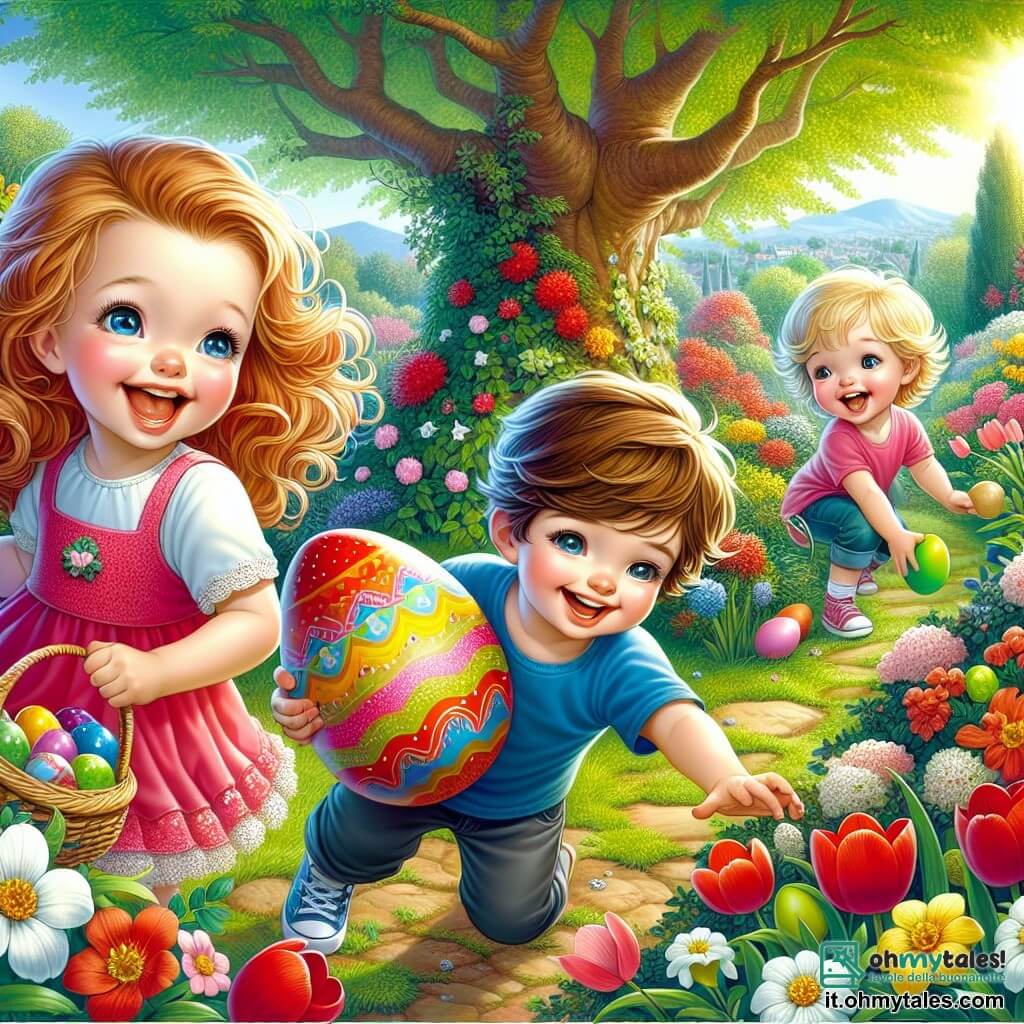 In un giardino soleggiato, tre bambini sono intenti a cercare le uova di Pasqua. Leo, un ragazzo di quattro anni con capelli castani e occhi scintillanti, tiene un grande uovo rosso tra le mani, sorridendo. Accanto a lui, Giulia, una bambina di quattro anni con lunghi capelli biondi e un vestito rosa, balla felice tenendo un uovo giallo. Marco, un ragazzo di quattro anni con capelli castani e una maglietta blu, si piega per raccogliere un uovo verde nascosto sotto un cespuglio fiorito. Il giardino è pieno di fiori colorati: tulipani rossi, margherite bianche e narcisi gialli. I bambini ridono e si divertono, cercando le uova nascoste tra i fiori e i cespugli, creando un'atmosfera gioiosa e festosa, piena di magia pasquale.