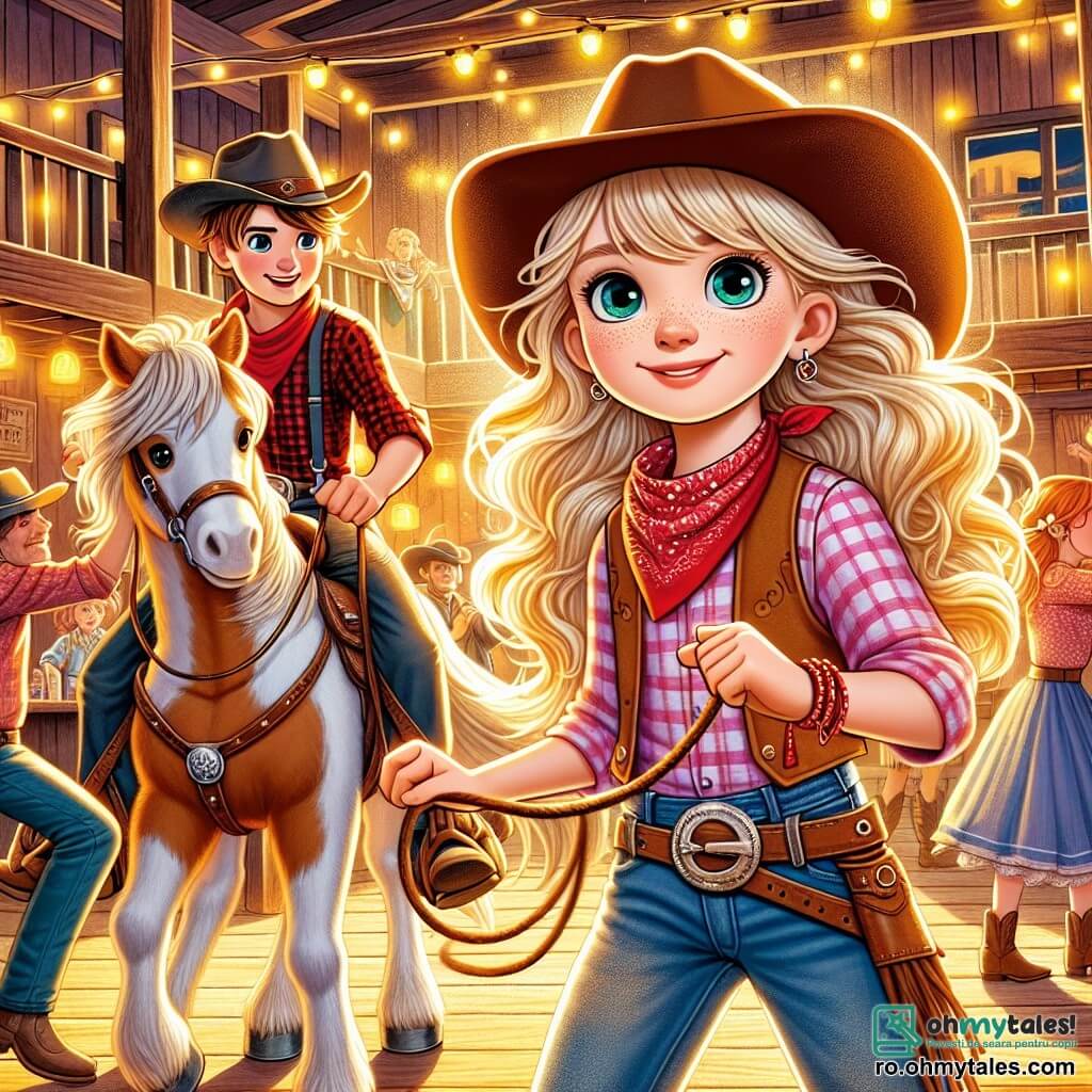 Într-o atmosferă însorită și veselă, Lila, o tânără cowgirl de 10 ani, stă mândră în centrul imaginii. Are părul lung și blond care strălucește în soare și ochi plini de determinare. Poartă o pălărie de cowgirl maro, o cămașă în carouri roșii și o pereche de blugi uzați, ținând frâiele poneiului său, Bâta Vântului, care se află lângă ea, cu un aspect prietenos. Aproape de ea, Hank, un cowboy de 12 ani, cu părul brun dezordonat și un bandană roșie în jurul gâtului, o privește pe Lila cu admirație, zâmbind, realizând că poate deveni prieten cu ea. Decorul este într-un saloon animat, cu pereți din lemn vechi, mese din stejar și lumini strălucitoare. Oamenii dansează și râd în jurul lor, creând o atmosferă festivă. Lila o invită cu curaj pe Hank să se alăture grupului de dans, transformând o tensiune inițială în prietenie veselă. Lila zâmbește călduros, pregătită să împărtășească un moment de bucurie și aventură cu noii săi prieteni.