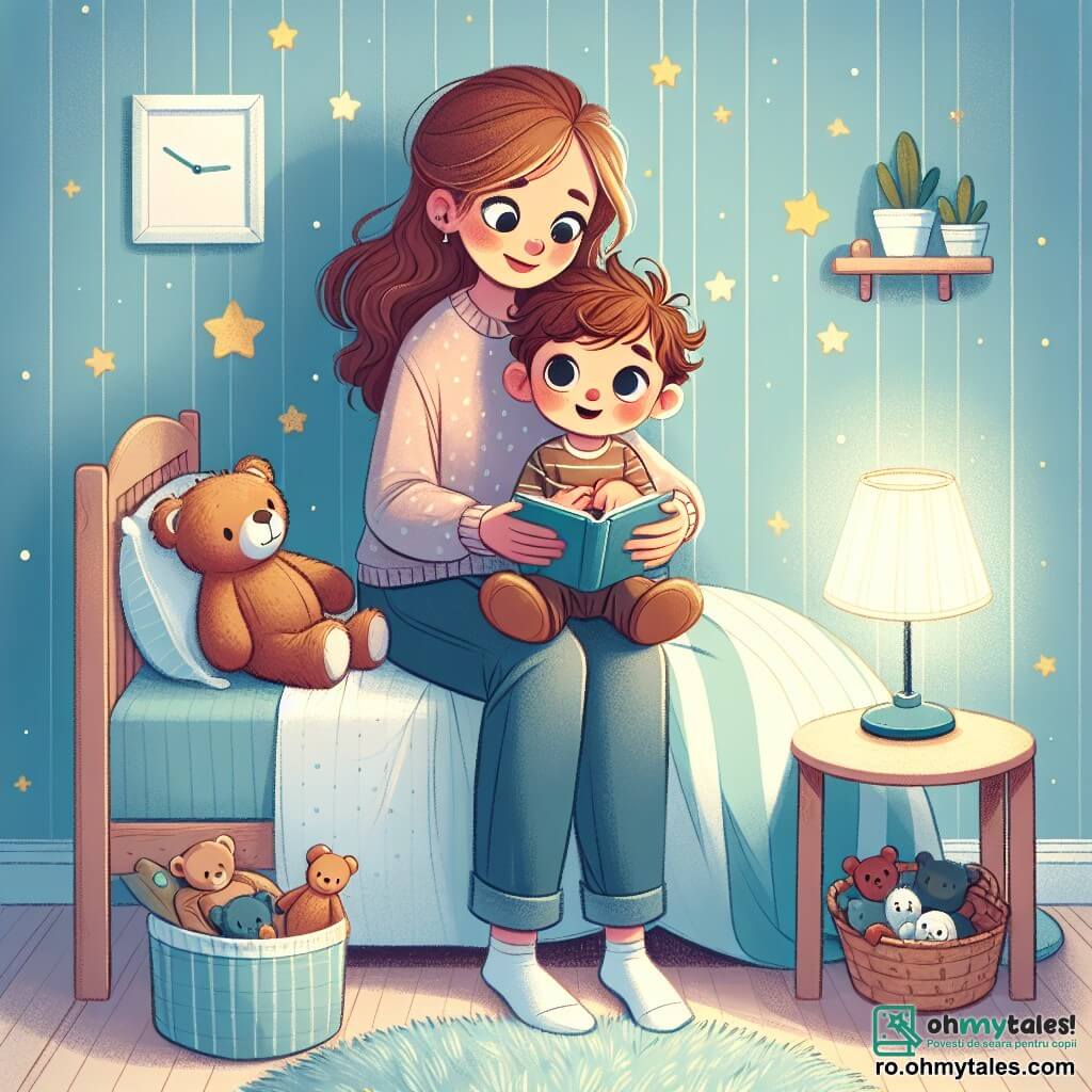 Un băiețel de 2 ani, pe nume Matei, cu părul castaniu și ochi strălucitori, stă pe patul său, ținând în brațe un urs de pluș. Are o expresie curioasă și ușor îngrijorată, privindu-l pe lumina blândă a unei lămpi de noapte care luminează camera. Mama sa, o femeie de aproximativ 30 de ani, cu părul lung și castaniu, stă lângă el pe pat, zâmbitoare și liniștitoare, ținând o carte de povești. Poartă un pulover pastel și pare blândă și călduroasă. Camera este decorată în culori liniștitoare, cu pereți vopsiți în albastru deschis și stele aurii lipite pe tavan. O mochetă pufoasă este întinsă pe podea, iar jucăriile sunt împrăștiate în jurul lor, creând o atmosferă primitoare. În această scenă, Matei, înconjurat de mama sa și de ursul său de pluș, învață să depășească frica de întuneric ascultând o poveste, în timp ce lumina lămpii creează o atmosferă caldă și reconfortantă.