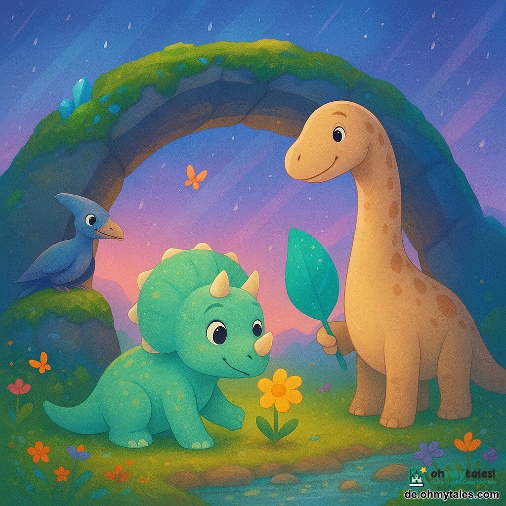 Kleiner Triceratops Kora mit rundem Gesicht und großen Augen, mintgrüner, leicht gefleckter Haut, kurze Hörner und rissige Halskrause, kniet unter einem moos- und blauschimmernden Kristallbogen und legt eine leuchtend gelbe Blume nieder; neben ihr steht der hohe Diplodocus Bram mit langem Hals und beige gesprenkelter Haut, hält ein glänzendes Blatt, das er neben die Blume legt, und ein kleiner, grau-blauer Flugsaurier mit verbundenen Flügeln sitzt dankbar auf einem nahegelegenen Felsen; unter dem Bogen ein funkelndes Flussbett mit leuchtenden Kieseln, bunte Wildblumen und schwirrende Schmetterlings-Dinosaurier, darüber ein Himmel in breiten Blau‑, Violett‑ und Silberstreifen, in dem winzige, diamantfunkelnde Regentropfen zu kleinen Pflanzen keimen – sanfte, magische, hoffnungsvolle Abendstimmung, lebhafte Farben, weiche Kontraste, gemalte Gradient‑Texturen, Komposition zentriert auf Kora und den Bogen.