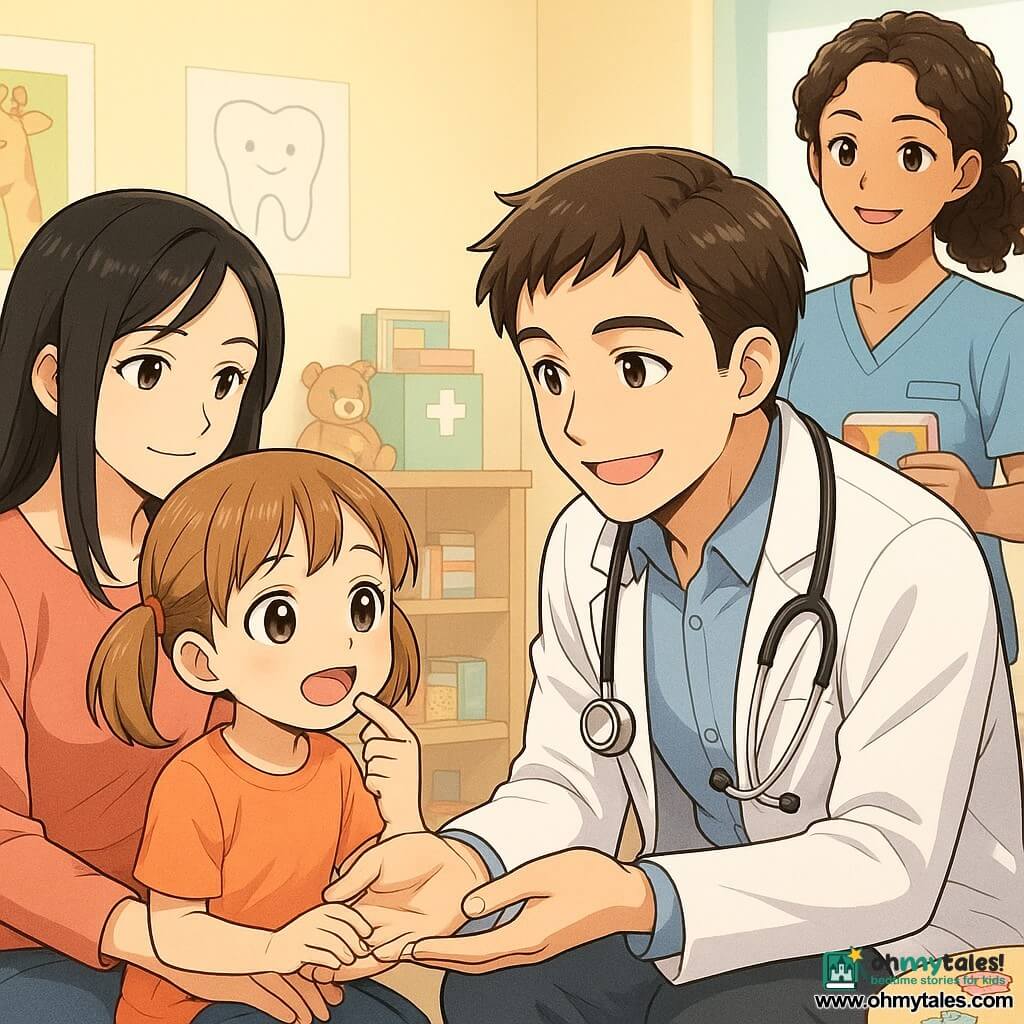 A smiling, calm male doctor (Dr. Max) with short brown hair, a slightly open white coat and shiny stethoscope crouches to eye level with a relieved, curious 6-year-old girl (Mia) with light brown pigtails who shows a loose tooth while holding her mother's hand; the mother, about 30, with loose black hair and a protective look stands slightly behind and left of the child, while a warm-smiling nurse in her late 20s with tied curly hair stands in the background right holding a box of colorful bandages; the small, bright consultation room has pastel yellow walls, educational animal and dental posters, a wooden shelf with toys and bandages, a small round table with stickers and soft light from a large window, and the scene—drawn with expressive manga features and warm colors—captures a gentle, reassuring dental check with smiles and tender gestures.