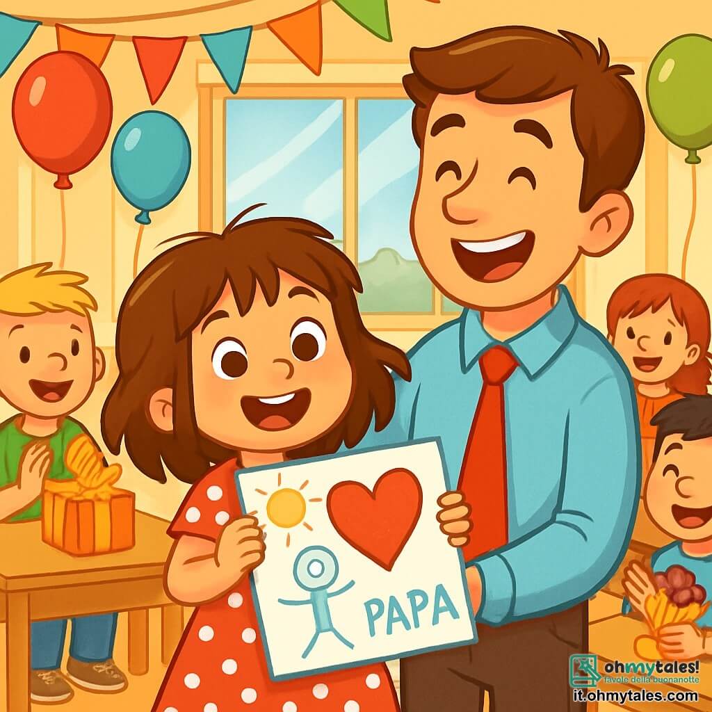 Una bambina di 6 anni, Sofia, con i capelli castani in disordine e occhi scintillanti di gioia, si trova al centro della scena, tenendo un grande disegno colorato tra le mani. Indossa un vestito rosso a pois bianchi e un sorriso radioso, piena di eccitazione e amore per il suo papà. Accanto a lei, il papà, un uomo di circa 30 anni con i capelli castani e una cravatta rossa, la guarda con orgoglio e tenerezza, ridendo gioiosamente. La scena si svolge in un'aula luminosa, decorata con palloncini colorati e ghirlande di carta, con tavoli in legno dove altri bambini sono seduti, ognuno con un regalo fatto a mano. Sullo sfondo, una grande finestra lascia entrare la luce del sole, illuminando i sorrisi dei bambini e dei papà presenti. Sofia presenta il suo disegno al papà, circondata dai suoi compagni che applaudono e sorridono, creando un'atmosfera festosa e calorosa, piena di risate e felicità.