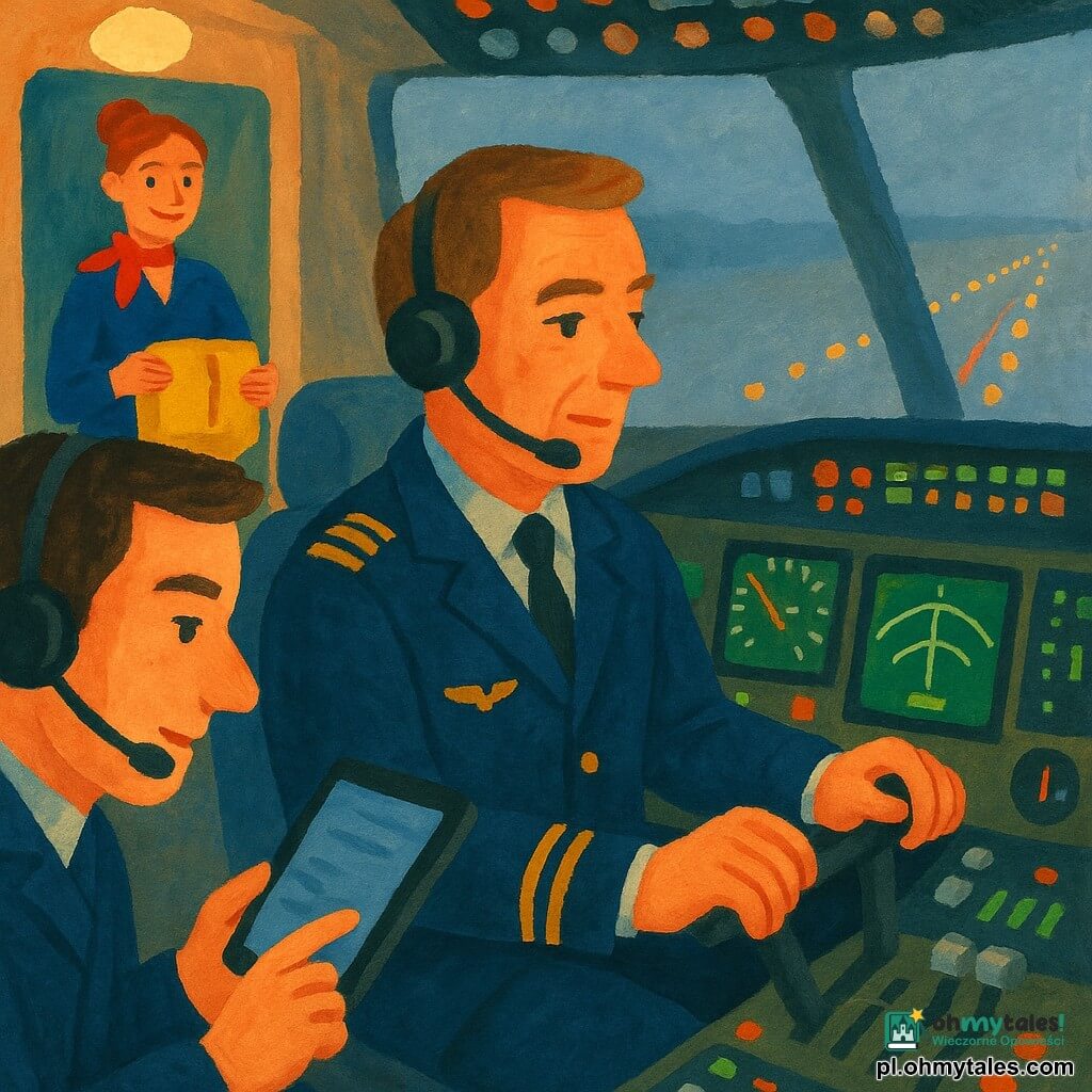 Pilot około 40 lat, twarz spokojna i skupiona, granatowy mundur z złotymi galonami, ręce blisko steru, wzrok na przyrządach, spokojny i ochronny; drugi pilot około 30 lat, krótkie brązowe włosy, lekko zmarszczone brwi lecz uspokajający, siedzi po lewej, patrzy na tablet i mówi cicho przez zestaw słuchawkowy, blisko pilota; stewardessa około 35 lat w tle kokpitu widoczna przez otwarte drzwi, uśmiechnięta i uważna, trzyma złożoną kamizelkę ratunkową; kokpit ze szczegółami: zielono‑pomarańczowe kontrolki, prostokątne ekrany z liniami podejścia ILS, okrągłe przyciski i metalowe dźwignie, refleksy kontrolek na ścianie, widoczne pociągnięcia pędzla w stylu gwaszu; na zewnątrz gruba niebieskawo‑szara mgła zasłania horyzont, przez szybę widać rzędy żółto‑czerwonych świateł podejścia rozmazanych w świetlne smugi; sytuacja: podejście do lądowania we mgle, napięte lecz spokojne, stłumione światło, kompozycja skupiona na współpracy pilota i drugiego pilota, wyraźne detale (lampa kabiny, słuchawki, karty lotu) i widoczne pociągnięcia pędzla dla ciepłego, dziecięcego efektu.