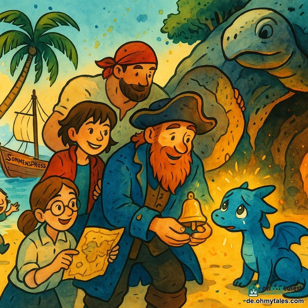 Hauptfigur: ein etwa 40-jähriger Piratenkapitän mit langer roter Bart, abgenutztem blauem Mantel und liebevoll erstaunten Blick, der vorsichtig eine kleine goldene, funkelnde Glocke hält und sich sanft zu einem hundegroßen blauen Drachen beugt; Nebenfiguren: Lilo (Mädchen ~12, kurze braune Haare, rote Jacke, schelmisches Lächeln) steht neben dem Kapitän mit einer Hand an einem am Sand vertäuten Bootsseil; Ole (Mann ~30, groß und muskulös, rotes Kopftuch) schiebt hinten vorsichtig einen schildkrötenförmigen Felsbrocken zur Seite, Mira (Frau ~28, runde Brille, helle Bluse) zeigt auf eine alte Karte und blickt aufmerksam zur Glocke, Pipo (Junge ~10, fröhlich, schiefer Hut) hüpft aufgeregt und winkt mit einer kleinen bunten Fahne am Wasserrand; Der kleine blaue Drache sitzt neben der Glocke mit schüchternen, tränenden Augen und lässt eine Träne der Dankbarkeit fallen; Ort: tropischer Strand mit goldenem Sand, gebogenen Palmen, rechts ein riesiger schildkrötenförmiger Felsen, dahinter der Eingang einer dunklen Höhle, in der goldenes Licht einen Sockel mit der leuchtenden Glocke offenbart, im Hintergrund das hölzerne Boot „Sonnensprosse“ am Ufer; Szene: wärmer Entdeckungsmoment, Fels beiseite gerollt, Figuren dicht beieinander mit fast berührten Händen, staunende Gesichter, goldenes Licht, das aus der Höhle strömt und sich auf dem ruhigen Wasser spiegelt.
