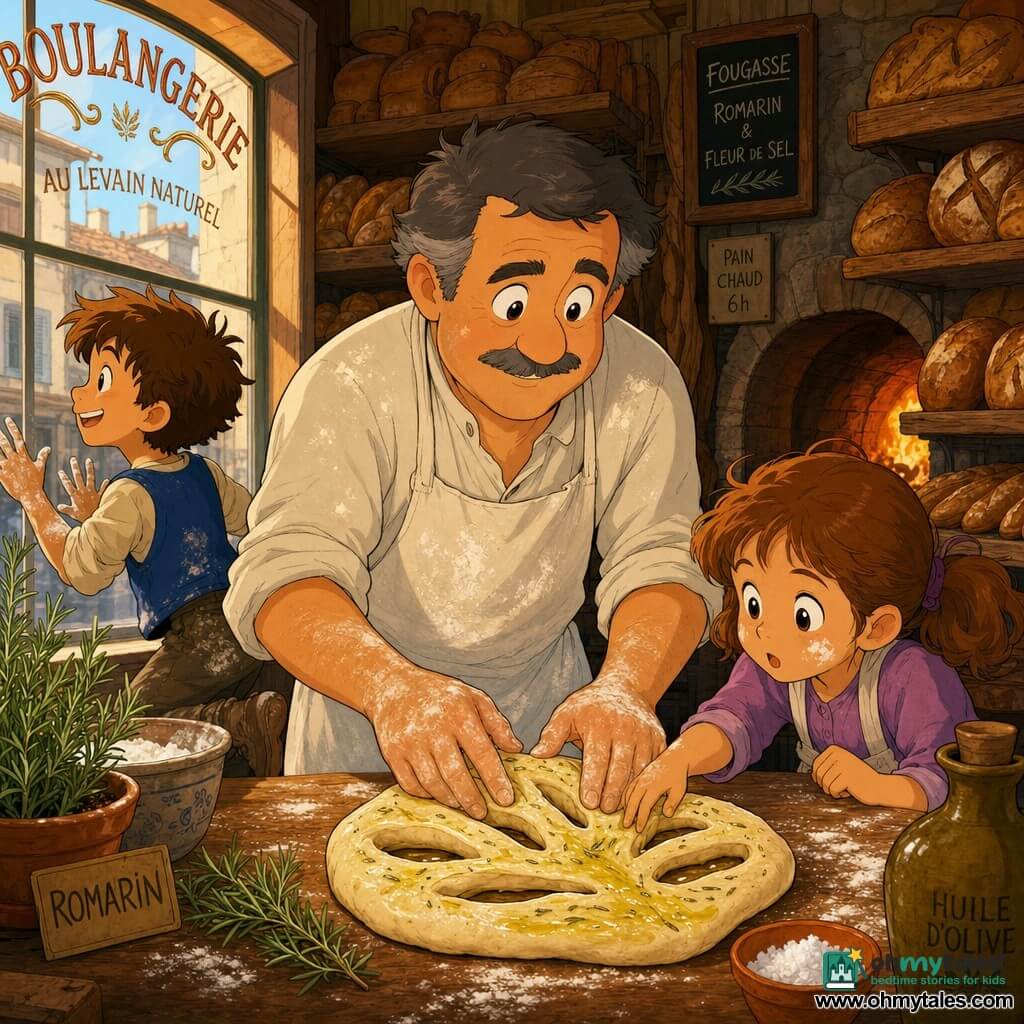 A kind smiling baker with a round face, thin gray mustache and short salt-and-pepper hair, wearing a flour-dusted white apron and rolled-up sleeves, gently kneads a soft ball of dough on a wooden table while shaping a leaf-shaped fougasse with visible slashes and glossy olive oil; to his right, seven-year-old Lila with light brown hair in pigtails and flour on her cheeks timidly touches the dough, and to his left eight-year-old Sam with messy brown hair and a small impatient smile jumps and peers through the shop window with floury hands; the cozy old bakery features large wooden shelves of shiny breads, a warm stone oven glowing orange, pots of rosemary and flakes of salt on the table, and golden morning light coming through a large smoked window, creating a warm atmosphere with visible textures—crispy crust, soft dough, wood grain.