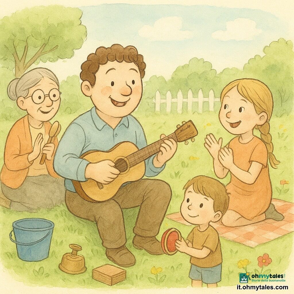 Un uomo di nome Leo, volto rotondo e capelli castani ricci, sorride mentre suona una piccola chitarra sulle ginocchia; a destra su una coperta c'è Sara, circa 8 anni, treccia bionda, che batte le mani; davanti a Leo c'è Marco, circa 5 anni, capelli castano corti, timido ma contento, che scuote un piccolo tamburo rosso; sullo sfondo a sinistra la signora Rosa, circa 65 anni, capelli grigi raccolti e occhiali tondi, sorride mentre batte due cucchiai di legno; il giardino è luminoso, prato verde con piccole fiori gialli e rossi, panchina di legno, recinzione bianca e cielo azzurro con nuvole morbide; strumenti improvvisati intorno: secchio blu, vecchio campanello di rame e piccola cassa di legno; scena calda e vivace: tutti suonano insieme in ritmo, risate, colori pastello, composizione centrata su Leo.