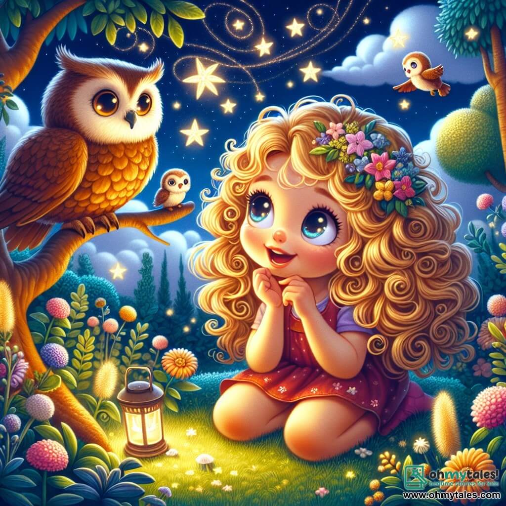 A 4-year-old girl named Lily is sitting in her garden, surrounded by colorful flowers. She has big, curious eyes and curly golden hair that falls on her shoulders. Her face is lit up with a wondrous smile as she gazes at the starry sky. Beside her, a wise owl named Oliver, with large brown feathers and round golden eyes, is perched on a tree branch. He appears attentive and kind, ready to share his wisdom. The setting is a magical garden, bathed in soft light, with flowers gently glowing in the darkness and a night sky filled with twinkling stars. Fluffy clouds float softly, adding a dreamy touch to the scene. The main moment shows Lily closing her eyes, listening intently to the whispers of the stars, while Oliver the owl watches her encouragingly. Golden threads of light emanate from the stars, creating an enchanted atmosphere around them.