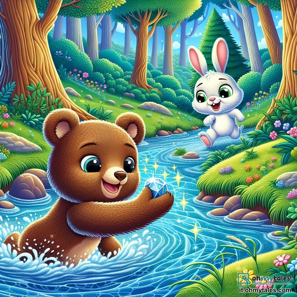 Un orso di peluche di nome Luna, con pelo marrone e morbido e grandi occhi scintillanti di curiosità, nuota felicemente in un ruscello luccicante, cercando di afferrare una pietra brillante che rotola sott'acqua. Accanto a lei, un coniglietto di nome Piuma, con pelo bianco e lunghe orecchie, salta sulla riva, gli occhi spalancati dall'eccitazione, incoraggiando la sua amica con un grande sorriso. Lo sfondo è una foresta incantata, con grandi alberi dai tronchi spessi e foglie verdi brillanti, fiori colorati che danzano al vento e un cielo blu punteggiato di nuvole soffici. La scena mostra Luna, l'orso, che lotta contro la corrente per recuperare la pietra brillante, mentre Piuma la incoraggia con entusiasmo, illustrando lo spirito di avventura e amicizia.