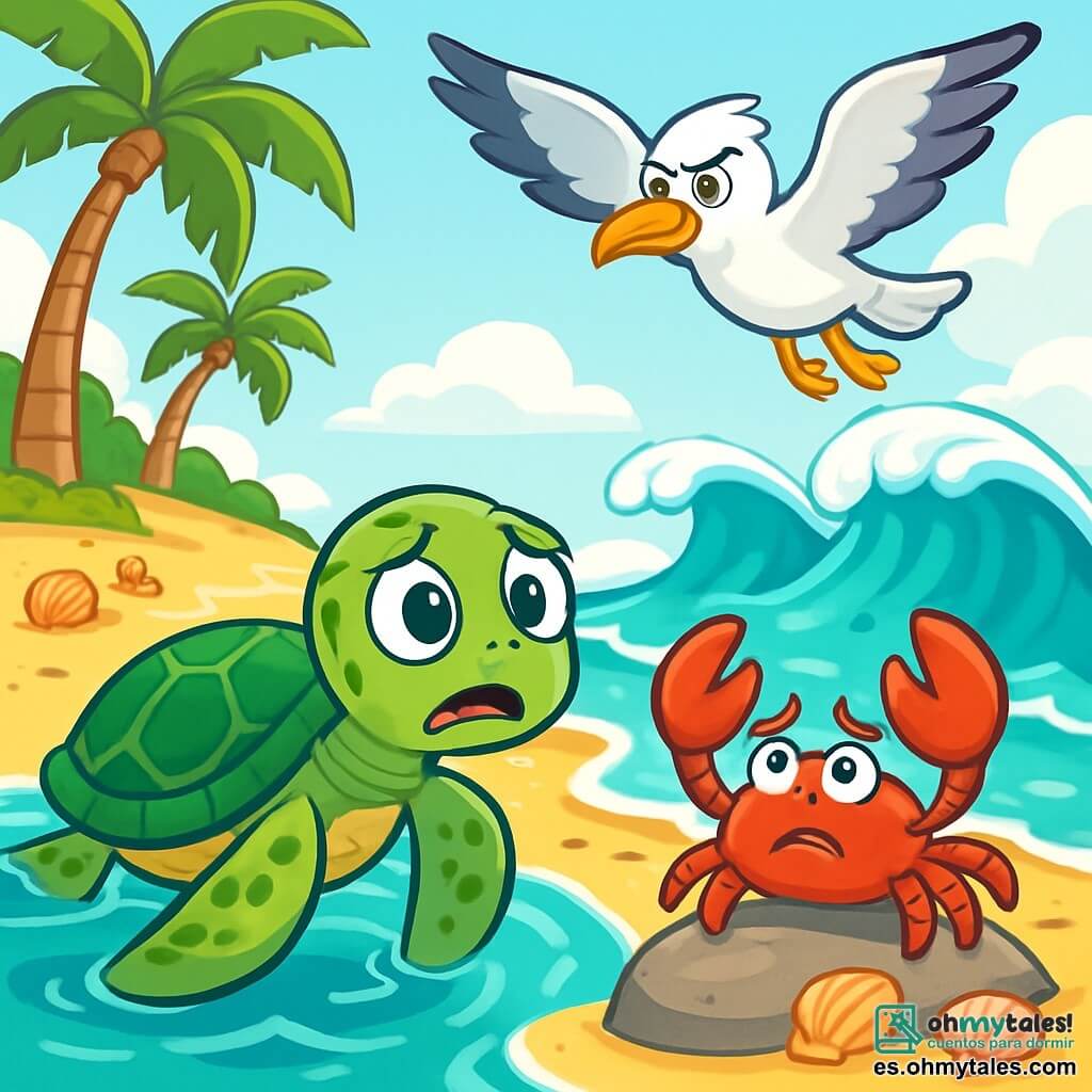 Luna, una tortuga marina de escamas verdes y brillantes, nada en un agua turquesa, sus grandes ojos redondos expresan preocupación. Observa la playa, donde la arena dorada es invadida por las olas. Nico, un cangrejo rojo vivo con pinzas divertidas, se encuentra en una roca, luciendo preocupado, con sus pequeñas patas inquietas. Sara, una gaviota blanca con plumas brillantes, vuela sobre ellos, sus ojos penetrantes muestran determinación para ayudar. La escena tiene lugar en una playa soleada, con palmeras verdes y conchas de colores esparcidas sobre la arena. A lo lejos, se ven olas que suben, amenazando con cubrir las dunas. Luna, junto a sus amigos, se da cuenta de que el mar avanza y se reúnen para discutir cómo proteger su hogar.