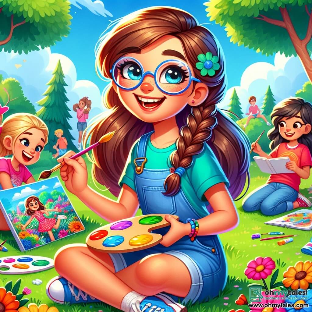 A 12-year-old girl, Maya, with long brown hair and round glasses, happily smiles while holding a colorful paint palette in one hand and a brush in the other. She wears a bright blue t-shirt and denim shorts, sitting on the green grass of a sunny park, surrounded by vibrant flowers. Next to her, Zara, another 12-year-old girl with braided blonde hair and a pink t-shirt, admires Maya's painting while holding a sketchbook in her arms. Ben, a 12-year-old boy with brown hair in a red t-shirt, is drawing on the grass, laughing enthusiastically. The park is filled with tall trees with green leaves, under a clear blue sky with fluffy white clouds. Children are playing in the distance, and the atmosphere is joyful and lively. Maya is painting a colorful landscape, full of energy and creativity, while her friends encourage her and share ideas, highlighting the importance of spending time together away from screens.