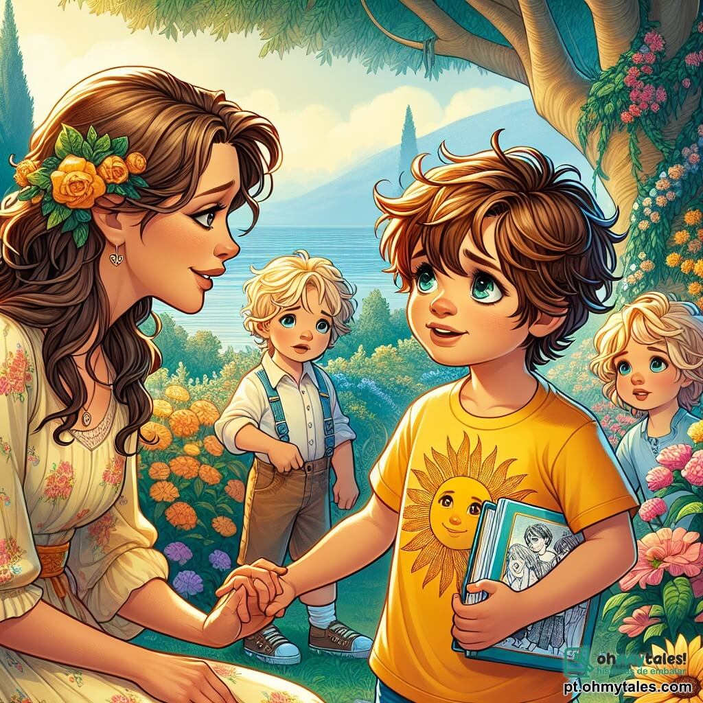 Um menino de 6 anos, Lucas, com cabelos castanhos bagunçados e olhos cheios de curiosidade, está no centro da imagem. Ele usa uma camiseta amarela com um desenho de sol e um short azul, segurando um livro de desenhos cheio de lembranças em suas pequenas mãos. Seu rosto expressa uma suave melancolia, mas também uma luz de esperança, enquanto se prepara para compartilhar suas memórias. Ao seu lado, sua mãe, uma mulher de cerca de 30 anos com cabelos longos e ondulados, vestida com um vestido leve e colorido, o observa com um sorriso reconfortante, inclinando-se levemente em direção a Lucas, mostrando seu apoio e amor. Ao fundo, amigos de Lucas, um menino de 6 anos com cabelos loiros e uma menina de 5 anos com tranças, estão perto de uma árvore majestosa decorada com flores coloridas, ouvindo atentamente Lucas, com rostos refletindo empatia e compreensão. A cena acontece em um parque ensolarado, com grandes árvores verdes, flores vibrantes e um céu azul salpicado de nuvens brancas. Um caminho de cascalho serpenteia pelo parque, levando a um pequeno canto pacífico onde Lucas decidiu celebrar a memória de seu amigo. Lucas está diante de um pequeno grupo de pessoas, compartilhando histórias e lembranças de seu amigo Miguel, enquanto planta flores em sua homenagem. As flores são coloridas e vibrantes, simbolizando a vida e o amor, enquanto Lucas sorri suavemente, relembrando os momentos alegres que passaram juntos.