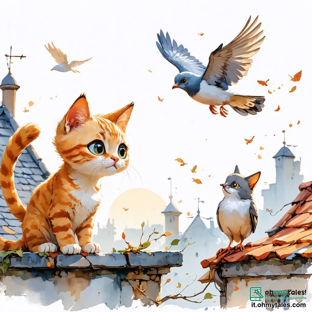 Un giovane gatto rosso, con occhi brillanti e curiosi, è appollaiato sul bordo di un vecchio tetto, il suo pelo lucente alla luce dorata del sole al tramonto. Mostra un'espressione di eccitazione e determinazione, pronto a decollare con il suo aliantino fatto in casa. Accanto a lui, un piccione dal piumaggio grigio e bianco vola in cerchi, i suoi occhi brillano di entusiasmo. Più in là, una volpe astuta, con il pelo arancione vivo, lo osserva con un sorriso incoraggiante, pronta ad aiutarlo nella sua avventura. Il contesto è un quartiere urbano colorato, con edifici antichi ricoperti di edera, tetti in tegole rosse e giardini segreti visibili tra le strutture. Il cielo è tinto di sfumature arancioni e rosa, creando un'atmosfera magica. La scena principale mostra il gatto pronto a prendere il volo con il suo aliantino, circondato dai suoi amici, tutti ansiosi di scoprire le meraviglie nascoste della città.