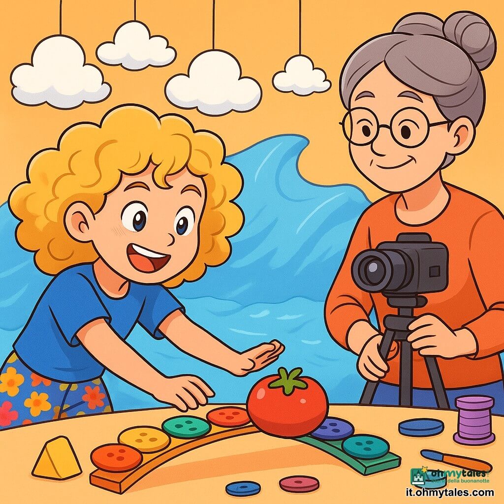Una ragazza di 10 anni, con capelli ricci e dorati, indossa una maglietta blu e pantaloni corti a fiori. Ha un grande sorriso di eccitazione sul volto, con gli occhi che brillano di determinazione. Sta spingendo un pomodoro di gomma rossa su un ponte fatto di bottoni colorati, concentrata e piena di energia. Accanto a lei, una donna di circa cinquant'anni, sua zia Lalla, con occhiali tondi e capelli grigi raccolti, osserva con un sorriso orgoglioso. Tiene una videocamera su treppiede, pronta a catturare il momento. Lo sfondo è uno studio di stop-motion vibrante, pieno di nuvole di cotone sospese, onde di cellophane blu e piccoli accessori colorati sparsi sulla tavola. La scena principale mostra la ragazza che sfida l'impossibile facendo avanzare il pomodoro attraverso il ponte di bottoni, evitando di farlo cadere, con un'atmosfera di gioco e creatività palpabile.