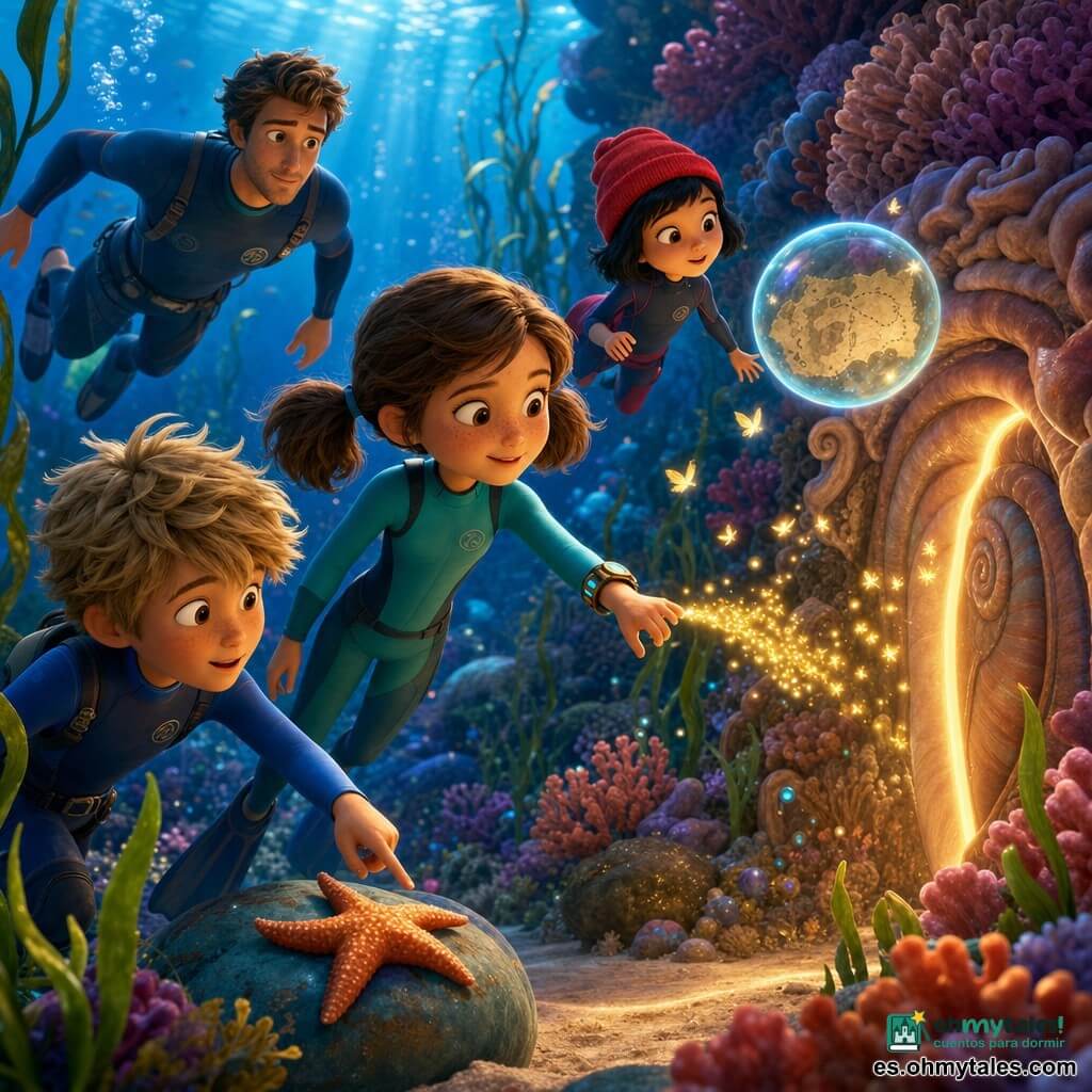 Nora, niña de 8 años, rostro redondo con pecas y coletas castañas, expresión serena y decidida, lleva un traje de buceo turquesa y toca su pulsera que libera pequeñas luciérnagas doradas; Clara, niña de unos 6 años, pelo corto negro y un gorro rojo, sonríe con curiosidad junto a una puerta de coral mirando una burbuja cartográfica recién aparecida; el hermano de Clara, niño de unos 9 años con pelo rubio despeinado, sorprendido pero tranquilo, señala una estrella de mar en una roca; un nadador joven de unos 30 años con figura atlética nada ligeramente atrás para proteger al grupo; lugar: jardín de coral colorido con esculturas naranja, rosa y violeta, una puerta circular de conchas en espiral con una ranura luminosa, algas verdes y arena clara, pequeñas burbujas brillantes como confeti; situación: Nora libera una luciérnaga desde su pulsera hacia la ranura de la puerta y aparece una burbuja con un dibujo de mapa mientras todos se agrupan, atmósfera mágica, serena y con colores marinos vibrantes; estilo visual: render 3D suave y cálido, texturas lisas, iluminación azul verdosa submarina, reflejos brillantes en las burbujas y acentos dorados en las luciérnagas.