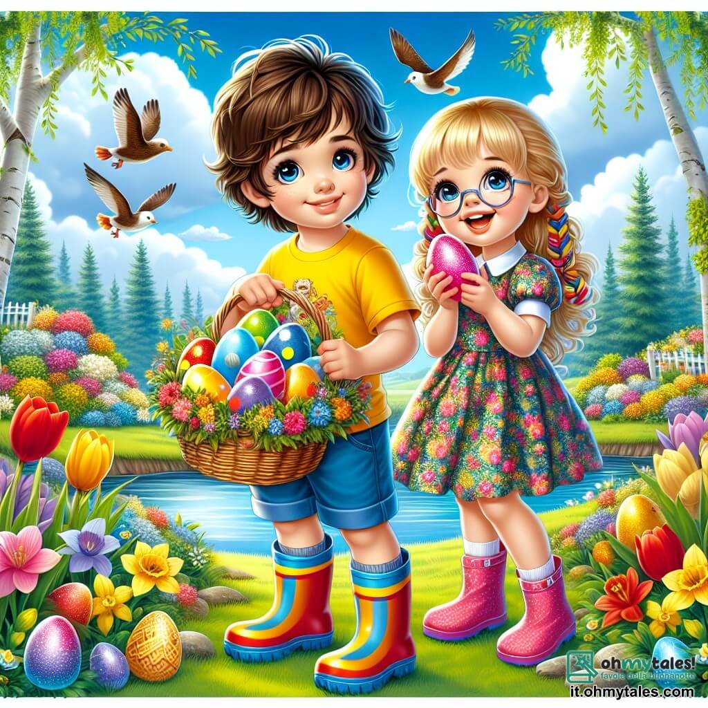 Un ragazzo di 8 anni, di nome Marco, con capelli castani disordinati e occhi pieni di curiosità, si trova al centro dell'immagine, sorridendo ampiamente mentre tiene un cesto pieno di uova di Pasqua colorate. Indossa una maglietta gialla brillante e pantaloni corti blu, e le sue stivali di gomma sono leggermente fangosi, testimoniando la sua esplorazione gioiosa. Accanto a lui, sua cugina, una ragazza di 7 anni di nome Clara, con lunghi capelli biondi intrecciati e occhiali tondi, ride mentre tiene un uovo rosa decorato con paillettes. Indossa un vestito a fiori e si china leggermente verso Marco, condividendo il suo entusiasmo per la caccia alle uova. Lo sfondo è un giardino primaverile splendente, pieno di fiori colorati come tulipani rossi e narcisi gialli, sotto un cielo blu chiaro punteggiato da alcune nuvole bianche e soffici. Gli alberi verdeggianti circondano il giardino, e un piccolo ruscello scintilla sullo sfondo. La scena principale mostra Marco e Clara in piena caccia alle uova di Pasqua, cercando con entusiasmo dietro ai cespugli e sotto i fiori, i loro volti illuminati dalla gioia e dall'anticipazione di scoprire ancora più uova nascoste.
