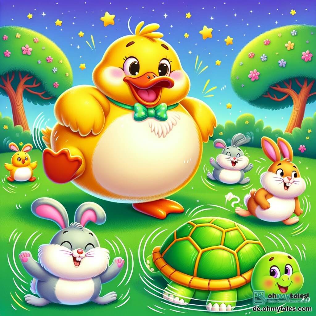 Ein fröhlicher, dicker Enten mit leuchtend gelbem Gefieder und großen runden Augen steht im Mittelpunkt der Szene, lacht und wackelt vor Freude. Neben ihm versucht ein kleiner Hase mit langen Ohren und weißem Fell, der amüsiert aussieht, nicht von seinem eigenen Wackeln mitgerissen zu werden. Etwas weiter entfernt bewegt sich eine Schildkröte mit einem grünen Panzer und einer hübschen roten Schleife auf dem Rücken langsam vorwärts, während eine schnelle, schelmische graue Maus um sie herum pirouettiert. Die Szene findet auf einer großen grünen Wiese unter einem funkelnden Sternenhimmel statt, mit einem großen Baum mit blühenden Ästen im Hintergrund. Die Tiere versammeln sich zum „Großen Wackel-Wettlaufen“, wackeln fröhlich, ihre Körper schwingen komisch, während sie lachen und sich gegenseitig in einer festlichen und spielerischen Atmosphäre anfeuern.