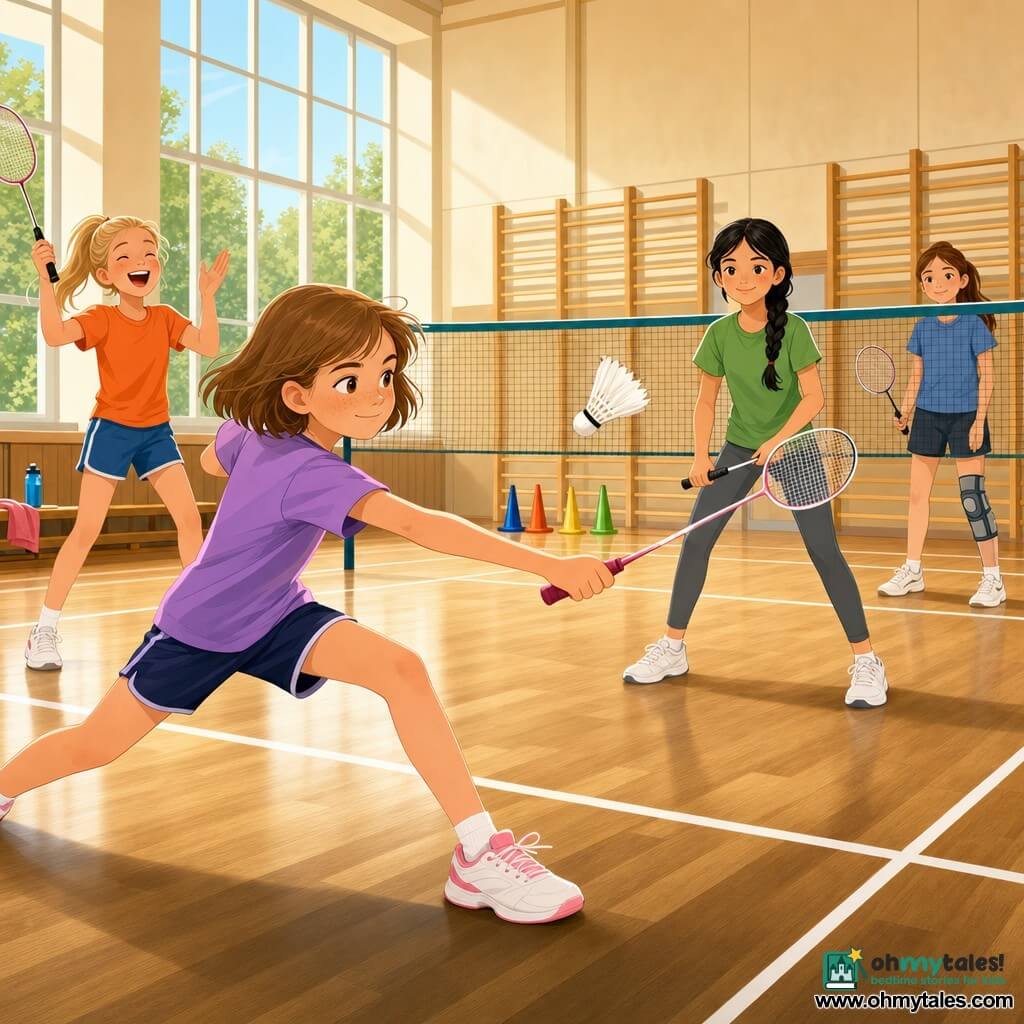 Four girls in a bright gym: Mia (~10) front left, short light-brown hair, freckled, focused shy smile, doing a split step and hitting a white feathered shuttle with a white-and-pink racket; Ava (~10) back left, blonde ponytail, energetic, applauding and laughing with raised racket, orange t-shirt and blue shorts; Lina (~11) back right near the net, long black braid, calm smile, upright and ready to receive, green t-shirt and grey leggings; Zoe (~10) back right behind Lina, brown hair, subtle right-leg brace, watching the shuttle's flight with hands on her racket. The gym has cream walls, light wood panels, varnished parquet floor with white badminton lines, a green/blue net, large left windows with soft light, colored training cones and a side bench with a water bottle and towel. Friendly match moment with the shuttle arcing over the net, warm atmosphere, vivid colors, clear contrasts, simple vector style for a children's book.
