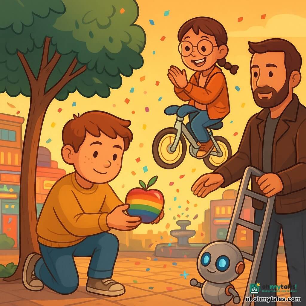 Een 8‑jarige jongen, Sam, met rond gezicht en sproeten, geconcentreerde en trotse blik, knielt en zet een kleine regenboogappel terug in de lage boom; hij draagt een mosterdgroene trui, blauwe broek en licht versleten sneakers, vlakbij een meisje van ~10, Lila, met kort gevlochten haar en ondeugende glimlach, klappend op een glanzende vliegende kinderfiets, en een volwassen man van ca. 40 jaar met korte baard en bruine leren jas die een gepolijste metalen ladder vasthoudt rechts van Sam; daarnaast rolt Rimo, een klein rond aluminium robotje met koperen details en blauwe lichtogen dat vriendelijke vonkjes geeft, bij een fontein die meerkleurige confetti spuwt; de scène speelt zich af op een heldere stadsplein met geometrisch geplaveide grond, retro‑futuristische kramen en gekleurde gevels met zachte neonborden, warme zonsondergangverlichting, levendige kleuren, dynamische bewegingen en een nette vectorstijl met heldere contouren.