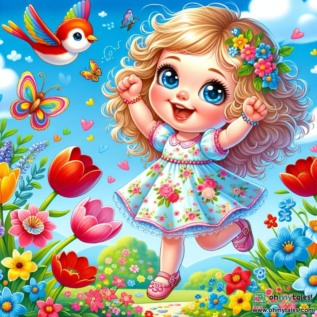 A 2-year-old girl with big bright eyes and curly blonde hair joyfully jumps in a colorful garden. She wears a light floral dress and pink sandals, her arms raised in happiness. A brightly colored red and blue bird sits on a branch above her, singing cheerfully. A butterfly with multicolored wings flutters around the girl, adding a touch of magic to the scene. The garden is filled with vibrant flowers: red tulips, yellow daffodils, and blue violets, under a clear blue sky dotted with a few white clouds. The little girl dances and plays among the flowers, enchanted by the beauty of spring, while the bird and butterfly watch her joyfully, creating an atmosphere of happiness and renewal.