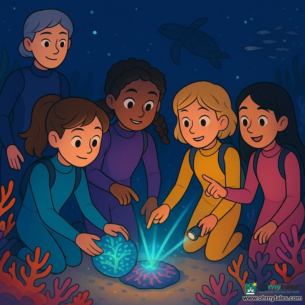 Five characters: Mira, 10, brown mid-length hair in a ponytail, curious eyes, turquoise wetsuit, on the left gently holding a small coral disk glowing blue and green; Lani, 10, curly black hair in braids, purple wetsuit, center, touching the disk with two fingers as a warm glow rises under her hand; Joy, 10, short blond hair with freckles, yellow wetsuit, on the right, reading the disk’s symbols with her small torch; Tessa, 10, straight black hair, olive skin, pink wetsuit, just behind Lani, pointing at three light beams splitting from the disk; and Aunt Nessa, ~35, short soft gray hair, calm expression, dark blue wetsuit, floating slightly back left watching over them. Setting: a nighttime underwater coral garden with saturated colors—orange, pink and purple branching corals, long green seaweed, pale sand, shimmering schools of silver fish and a dark sea turtle in the background—water dark but lit by bioluminescent points and the disk. Main scene: the children float together around the glowing coral disk on the sand, which emits three thin beams toward different reef paths; expressions show wonder and camaraderie, atmosphere soft, mysterious and safe.