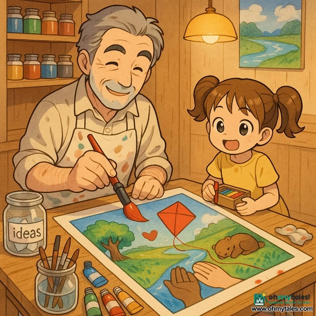 A smiling, kind Mr. Leo with salt-and-pepper hair and a paint-stained apron holds a large red brush painting on a wooden table while little joyful Mina, about six, in pigtails and a yellow dress sits beside him drawing a red kite from a box of crayons; on the table are a clear jar labeled ideas with folded papers, lined paint tubes, a water pot with brushes and a stained cloth; the cozy studio has wooden shelves, a drying canvas and a round rug; they paint a scene of a large red kite with a small heart, a green hill with a shining river, a sleeping bear under a tree, and two differently colored hands holding palms at the center — tranquil mood, vivid contrasting colors, visible paint texture.