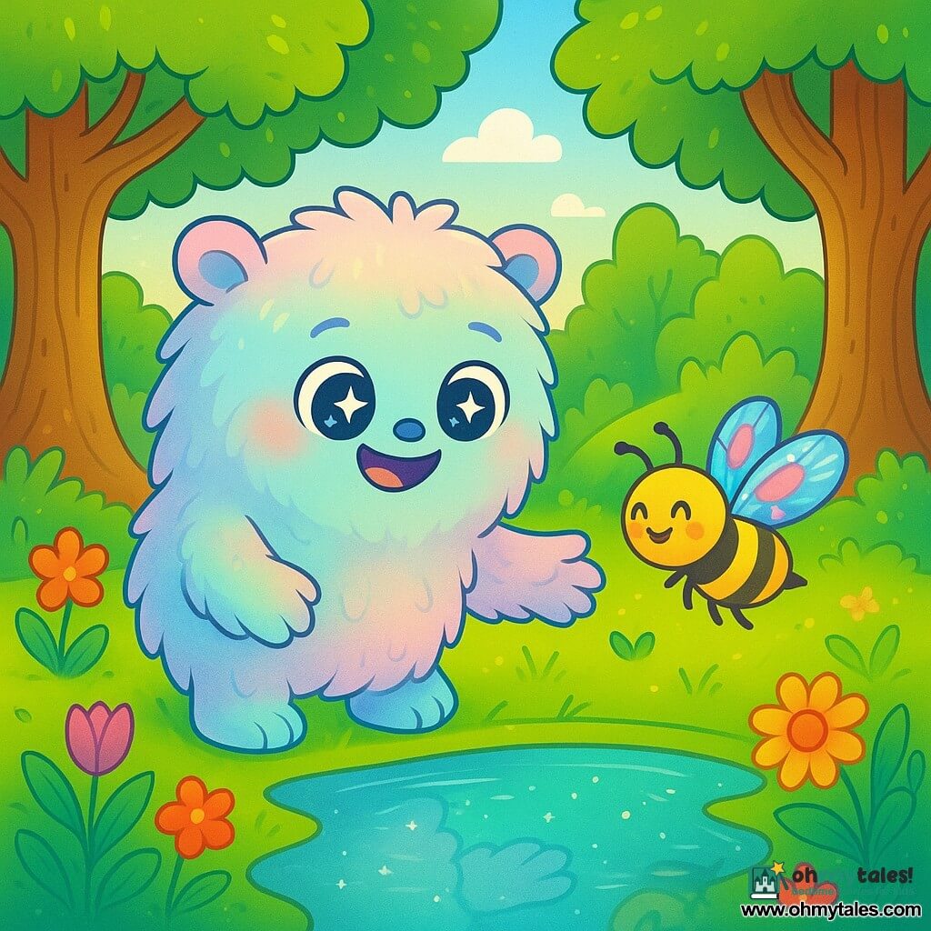 A gentle and kind monster named Thistle, with fluffy pastel-colored fur and sparkling star-like eyes, stands by a shimmering pond. He has a warm smile and a curious expression, observing his reflection in the water. Nearby, a small bee with bright, colorful wings and a joyful face flits around him, thanking him for his help. The setting is an enchanted glade, surrounded by majestic trees with thick trunks, their shiny leaves dancing in the wind, and vibrant flowers scattered across the ground. The main scene shows Thistle, in awe, saving the bee from the water, illustrating a moment of kindness and magic in the enchanted forest.