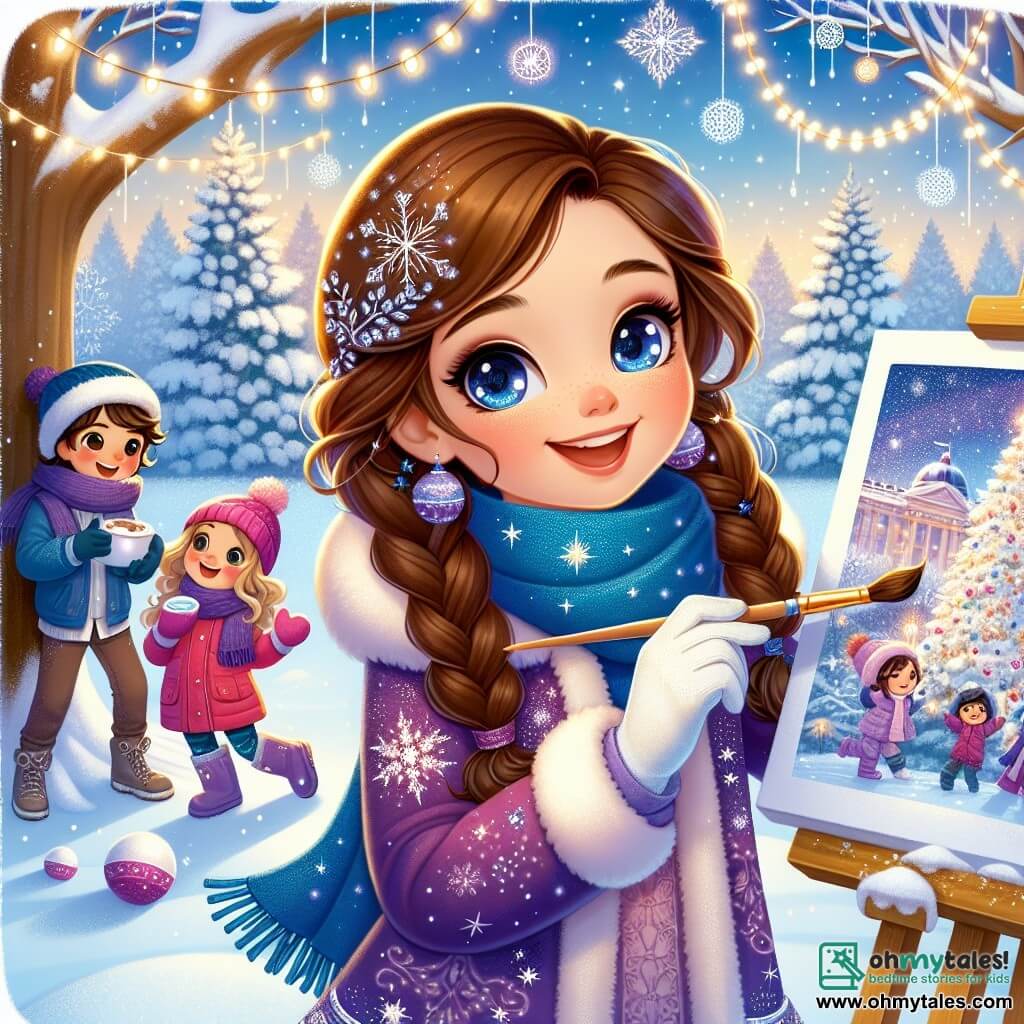 An 11-year-old girl, Lila, stands at the center of the image, her eyes shining with joy and excitement. She has long brown hair styled in two braids and wears a purple coat with silver stars, a blue scarf, and matching gloves. She is painting a canvas, capturing the magic of winter with sparkling snowflakes and snowy landscapes. Beside her, Mia, a 10-year-old girl with curly blonde hair, wears a bright red jacket. She smiles while holding a cup of hot chocolate, watching Lila with admiration. A little further away, Ethan, an 11-year-old boy with brown hair wearing a blue beanie, is making snowballs, ready to throw them while laughing. The setting is a charming winter park, with majestic snow-covered trees, twinkling lights hanging from the branches, and a clear blue sky dotted with white clouds. Snowflakes gently fall, adding a touch of magic to the scene. The main focus shows Lila, surrounded by her friends, creating a piece of art inspired by the beauty of winter, while they share laughter and joyful moments in this enchanting landscape.