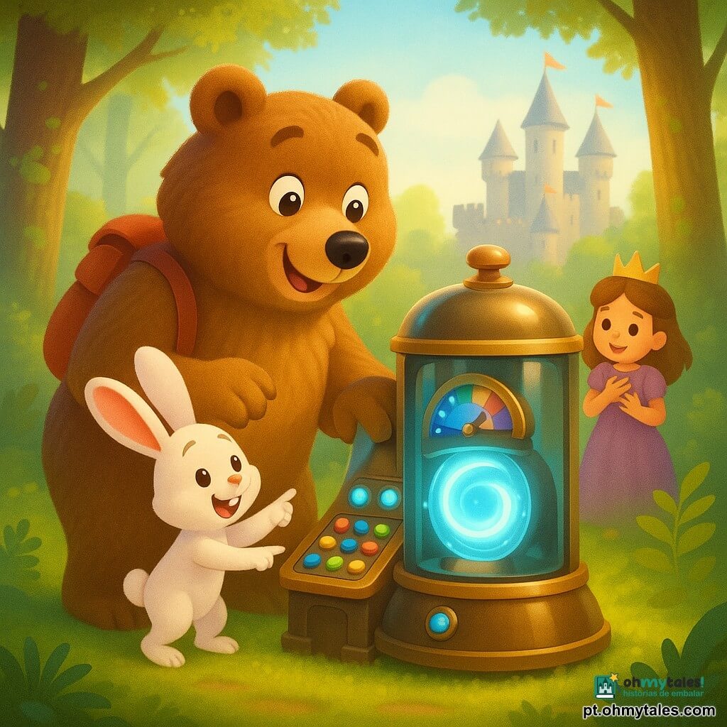 Um grande urso de pelagem castanha macia, olhos redondos e curiosos, sorrindo e levemente maravilhado, com pequena mochila vermelha, tocando suavemente uma máquina do tempo brilhante; ao lado, um coelhinho branco de orelhas rosadas, alegre e empolgado, em pontas de patas apontando para botões coloridos; atrás, uma princesinha de vestido violeta e coroa simples, com olhar benevolente, aplaudindo com a mão no peito; a máquina do tempo em latão polido e vidro fumê, mostradores coloridos, luzes azul-ciano e anel luminoso giratório; cena numa clareira ensolarada de floresta com chão de musgo, samambaias e troncos com líquen, e ao fundo um castelo medieval desfocado; ambiente de cores vivas, texturas suaves, luz quente e mágica, estilo infantil e acolhedor.