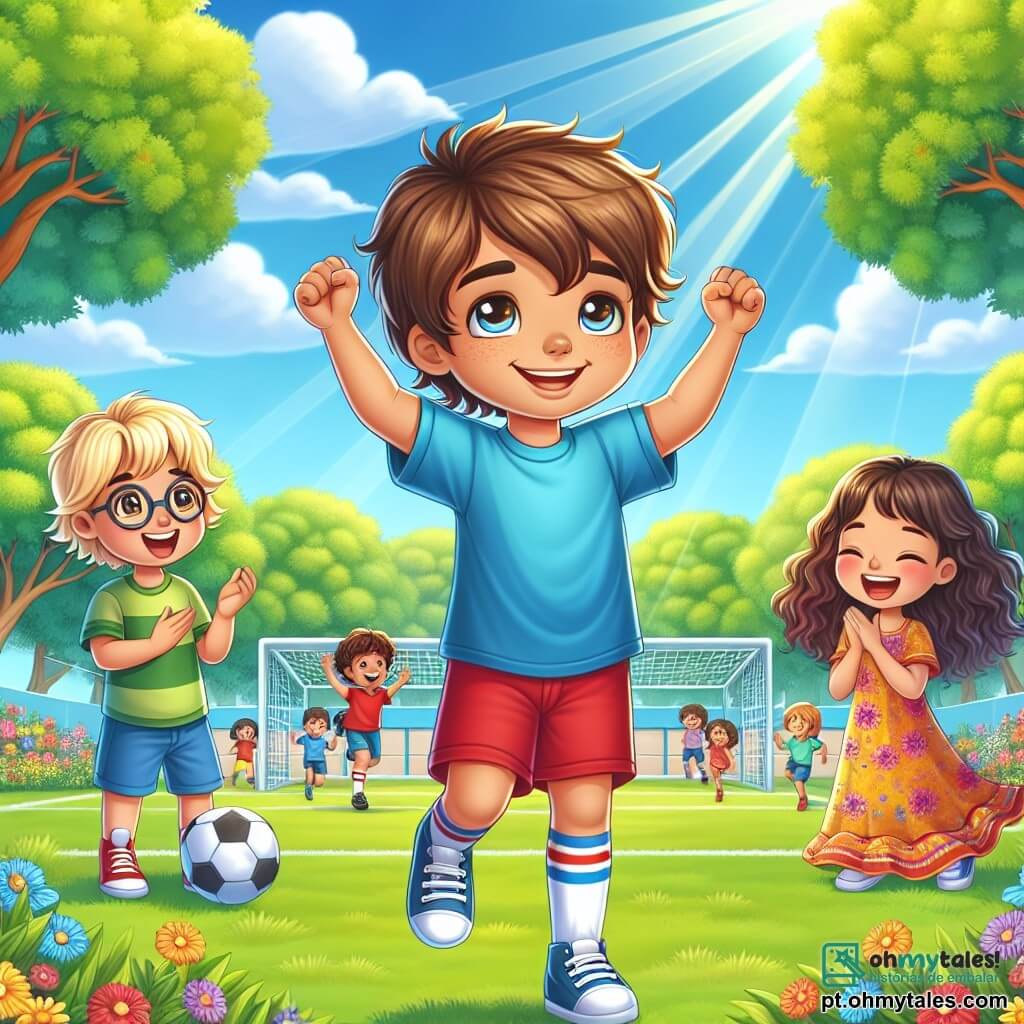 Um menino de 8 anos chamado Miguel, com cabelos castanhos bagunçados e olhos brilhantes de curiosidade, está no centro da imagem, com um sorriso radiante no rosto, levantando os braços em sinal de vitória após marcar um gol no futebol. Ele usa uma camiseta azul e um short vermelho, com tênis brancos. Ao seu lado, seus amigos, um menino de 9 anos com óculos e cabelos loiros, aplaude entusiasticamente, enquanto uma menina de 8 anos com cabelos longos e cacheados, vestindo um vestido colorido, salta de alegria. O cenário é um parque ensolarado, repleto de verde, com árvores majestosas e flores vibrantes. Ao fundo, um campo de futebol é visível, onde outras crianças brincam alegremente. A cena principal mostra Miguel, radiante de felicidade e orgulho, celebrando seu sucesso cercado por seus amigos que o incentivam, ilustrando a importância da amizade e do apoio diante dos desafios.