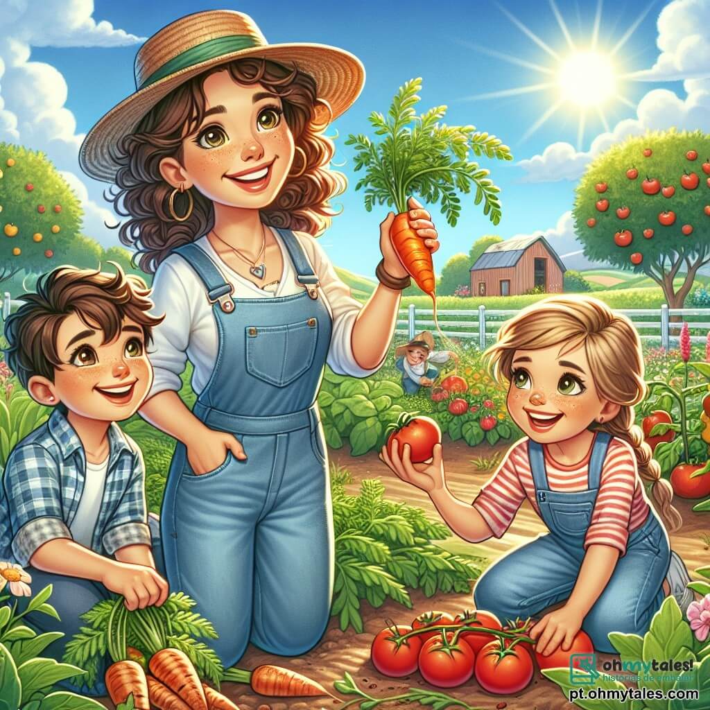 Ana, uma jovem agricultora de cabelos castanhos e cacheados, usa um macacão de denim e um chapéu de palha. Ela sorri radiante, segurando uma cenoura recém-colhida. Ao seu lado, Pedro, um menino de 8 anos com cabelo bagunçado e uma camisa xadrez, observa a cenoura com curiosidade. Sofia, uma menina de 7 anos com tranças loiras, está agachada perto dos tomates, com as mãos sujas de terra, sorrindo orgulhosamente enquanto segura um tomate vermelho. A cena acontece em uma bela fazenda ensolarada, cercada por campos verdes e flores coloridas, com um céu azul e algumas nuvens brancas. Ana e as crianças estão colhendo legumes do jardim, rindo e se divertindo juntos, celebrando o fruto do trabalho em equipe e o amor pela natureza.