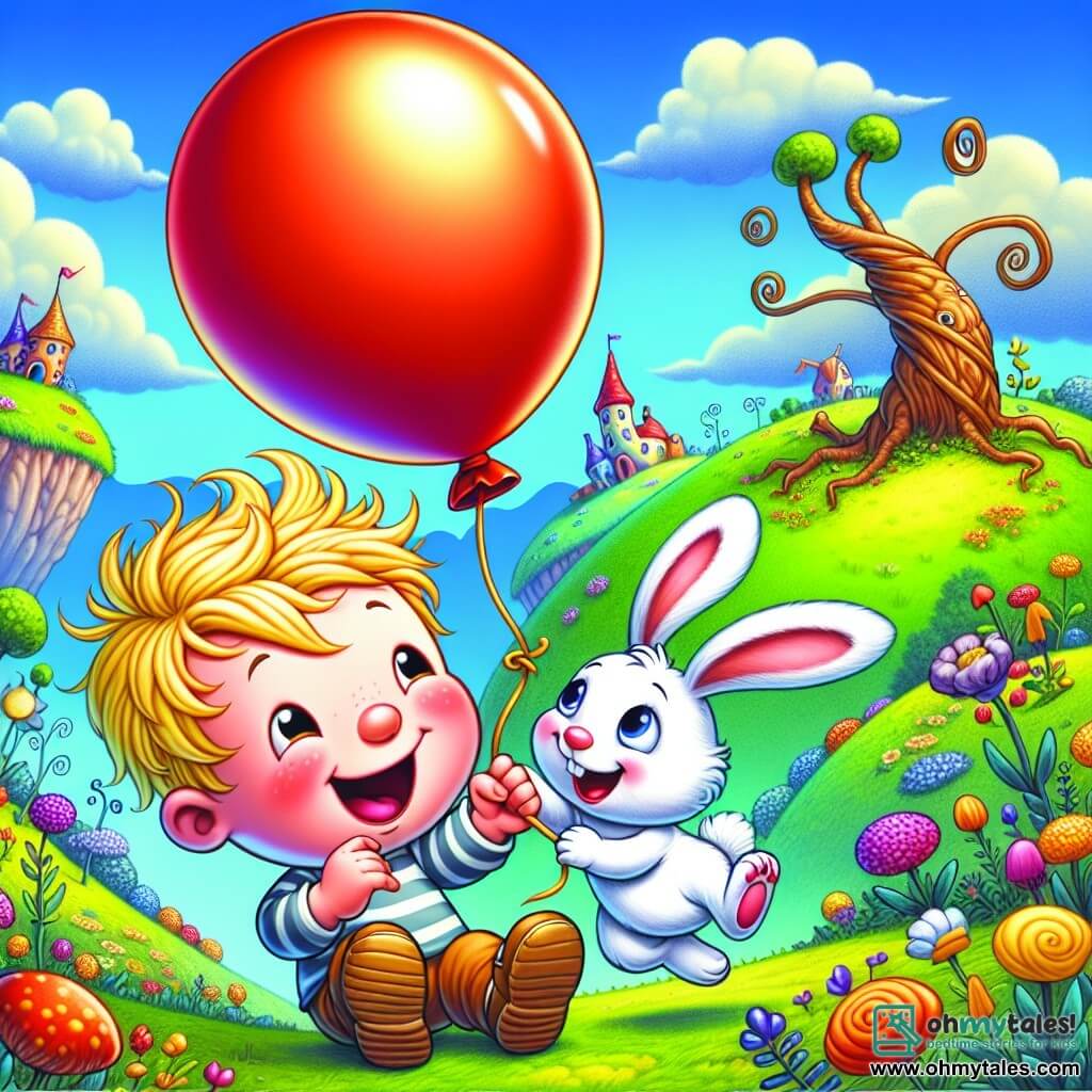 A little boy named Benny, 1 year old, with messy blonde hair and round cheeks, smiles with sparkling eyes of joy. He firmly holds a shiny red balloon that rises into the sky. Next to him is an adorable little bunny named Bella, with white fur and large ears, looking at the balloon with a curious expression. She is happily jumping, her back legs in the air, ready to help her friend. The scene takes place in the colorful landscape of Wobbleton, filled with green hills, vibrant flowers, and a blue sky dotted with fluffy clouds. In the distance, twisted trees and oddly shaped houses add a touch of magic to the environment. Benny, trying to catch his balloon as it flies away, trips and falls to the ground, but he laughs heartily, creating a joyful and playful atmosphere.