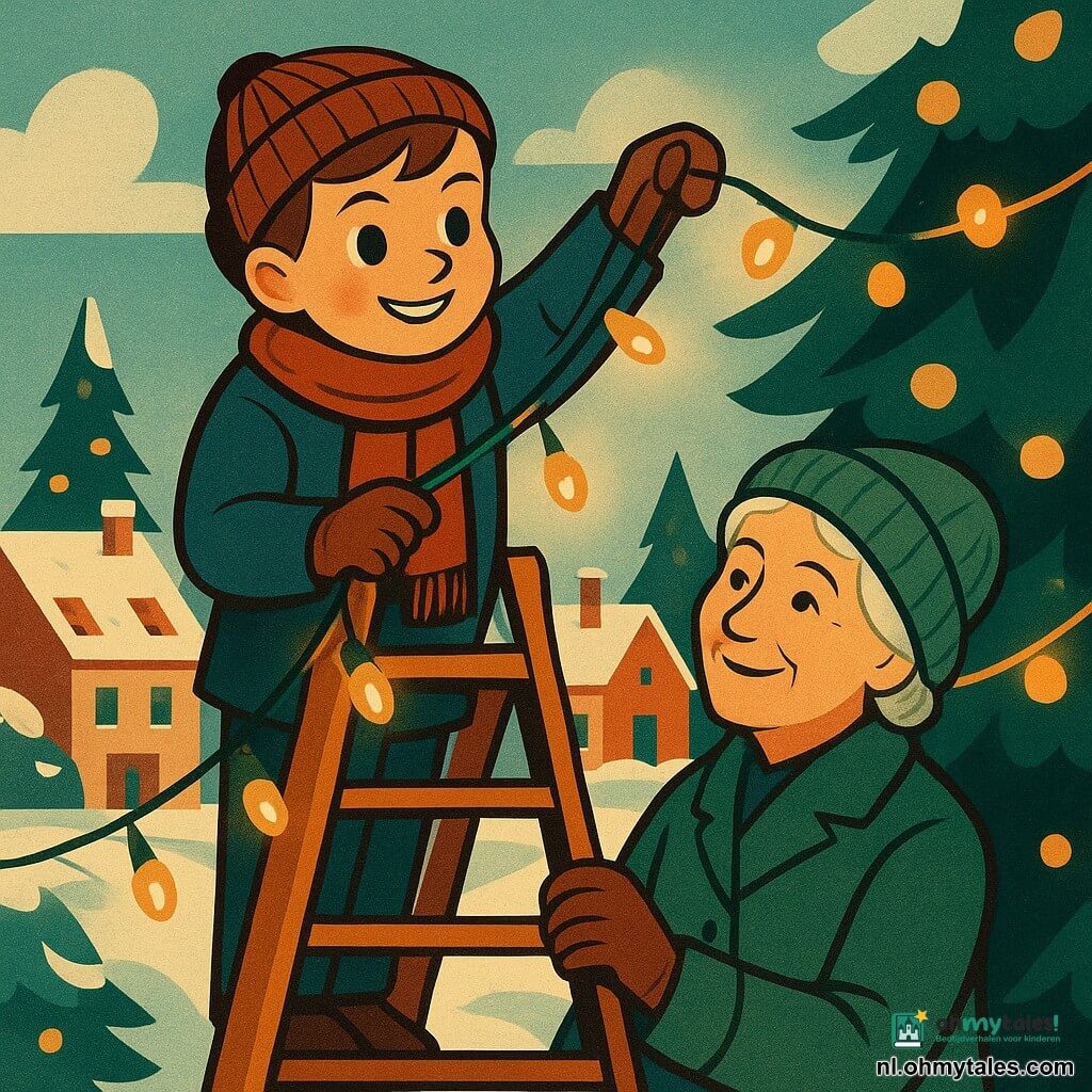 Een 8-jarige jongen, genaamd Bram, met fonkelende ogen en een vastberaden glimlach, staat op een houten ladder. Hij draagt een dikke jas en een rode sjaal, zijn handen zijn gehandschoend en hij repareert een lichtslinger. Naast hem staat een ongeveer 70-jarige vrouw, mevrouw Jansen, met grijs haar en een vriendelijke glimlach, die de basis van de ladder vasthoudt. Ze draagt een groene jas en een gebreide muts. De locatie is een besneeuwd dorpsplein, omringd door huizen met rode daken en versierde dennenbomen. De hoofdsituatie toont Bram die twee elektrische draden met tape verbindt, terwijl de lichten van de slinger zachtjes om hen heen beginnen te fonkelen.