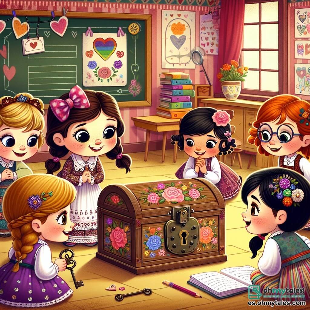 En un aula colorida, cinco niñas de cinco años están alrededor de una vieja caja de madera. **Lola**, con coletas marrones y un vestido de flores, está agachada frente a la caja, sus ojos brillan de curiosidad. **Sara**, con cabello rubio y un gran lazo rosa, se inclina hacia adelante, sosteniendo un reloj en forma de corazón que trajo. **Ana**, con cabello negro y gafas redondas, observa atentamente la caja, sonriendo maravillada. **Maya**, con cabello pelirrojo y una trenza, sostiene una llave antigua, lista para usarla. **Clara**, con cabello castaño y un vestido violeta, mira a sus amigas con emoción, con las manos en las caderas. El aula está decorada con dibujos coloridos en las paredes y una gran pizarra negra llena de corazones y palabras dulces por el Día de la Madre. En el centro, la antigua caja, adornada con flores pintadas y un candado oxidado, está abierta, revelando cartas antiguas llenas de dibujos y palabras de amor. Las niñas, unidas por el entusiasmo, descubren juntas un tesoro de recuerdos, listas para crear sus propios mensajes para sus mamás.