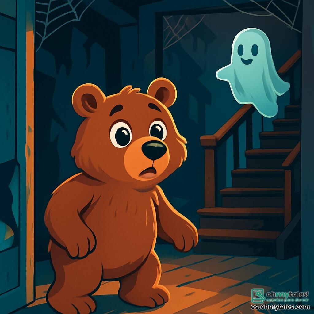 Un oso pardo llamado Bruno, con ojos brillantes y pelaje sedoso, se encuentra frente a una vieja casa abandonada. Su expresión es curiosa y ligeramente asustada, con sus grandes patas listas para avanzar. Dentro de la casa, sombras bailan en las paredes, creando una atmósfera misteriosa. Telarañas cuelgan de las esquinas del techo, y una luz tenue filtra a través de las ventanas rotas, proyectando formas inquietantes en el suelo polvoriento. Bruno está en el vestíbulo, dudando, mientras una silueta borrosa parece acercarse desde la escalera de madera crujiente. Esta silueta, un pequeño fantasma amistoso con una sonrisa tímida, flota ligeramente sobre el suelo, sus contornos translúcidos brillando en la penumbra. La escena principal muestra a Bruno, el oso, listo para explorar la casa encantada, mientras el fantasma lo observa con curiosidad, como si lo invitara a descubrir los secretos ocultos de este lugar misterioso.