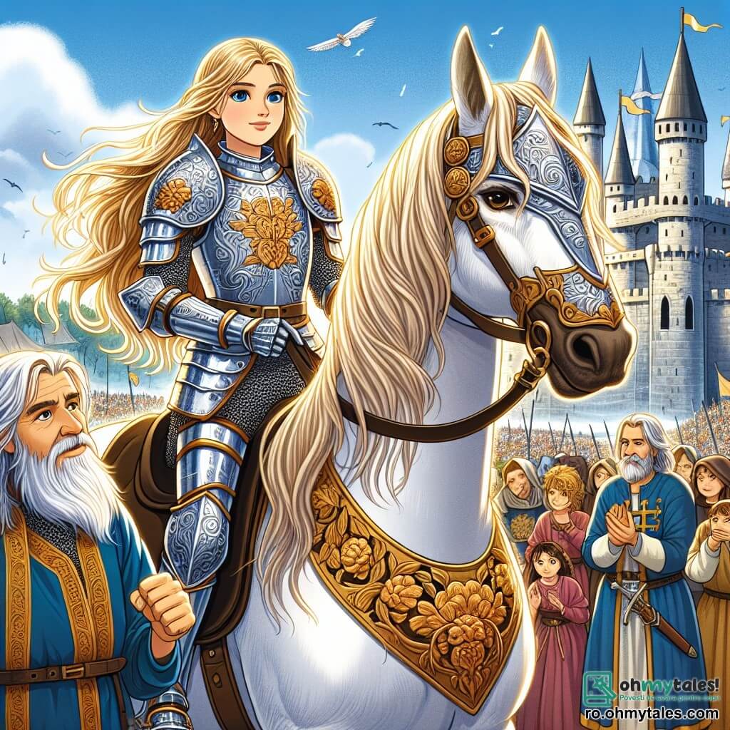 În centrul imaginii, o tânără cavaleră numită Elena, de aproximativ 12 ani, stă mândră pe calul ei alb numit Albăstria. Ea poartă o armură strălucitoare care strălucește în soare, cu detalii florale gravate. Fața ei exprimă o determinare și un curaj de neclintit, iar părul ei lung și blond flutură în vânt. Ea își ridică sabia, pregătită să își apere regatul. Lângă ea, un bătrân, bunicul ei, în vârstă de aproximativ 70 de ani, o observă cu mândrie. Are o barbă lungă și albă și poartă o tunică simplă, dar elegantă. Privirea lui este plină de admirație pentru nepoata sa, oferindu-i un semn de încurajare. În fundal, un castel măreț se înalță, cu turnuri ascuțite și steaguri fluturând în vânt. Cerul este albastru și însorit, iar o mulțime de spectatori se înghesuie în jurul arenei, plini de emoție. Scena o arată pe Elena pregătită să înfrunte un grup de conspiratori care încearcă să saboteze turneul, stând cu încredere, înconjurată de prietenii săi cavaleri, toți hotărâți să protejeze regatul.