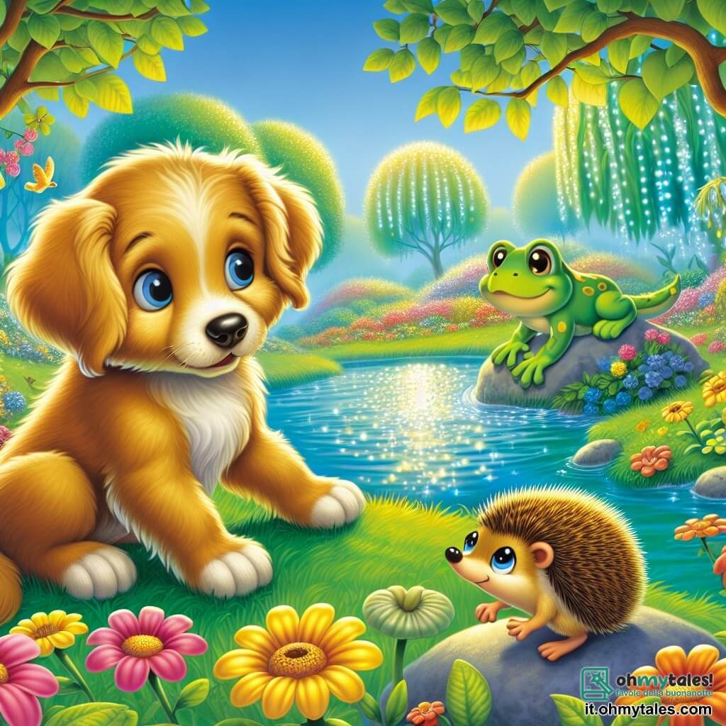 Un piccolo cane dal pelo dorato, chiamato Tobia, è seduto sull'erba verde, con occhi brillanti e un'espressione di curiosità mescolata a preoccupazione. Guarda intorno a sé, annusando l'aria con il suo musetto delicato, cercando il suo osso perduto. Accanto a lui, un piccolo riccio dal dorso spinoso, Ricciolino, si fa strada tra i fiori colorati, con un'aria determinata e occhi scintillanti. Più in là, una rana verde di nome Lilla, con macchie gialle, salta gioiosamente su una pietra al bordo di un laghetto scintillante, osservando attentamente la scena. Il luogo è un giardino incantato, pieno di fiori vivaci, alberi danzanti e un laghetto dai riflessi argentati. In questa scena, Tobia, Ricciolino e Lilla cercano insieme l'osso perduto di Tobia, uniti nella loro ricerca di amicizia e avventura.