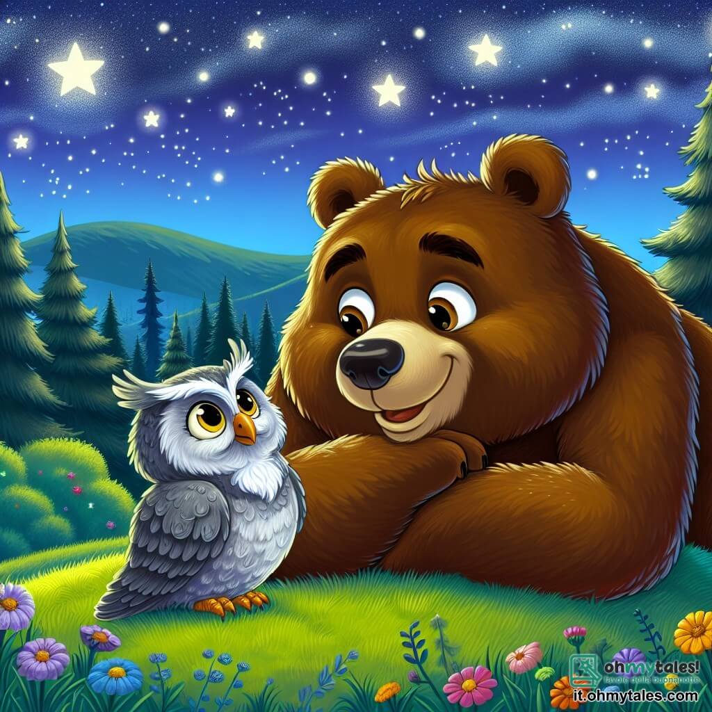 Un grande orso bruno, di nome Bruno, con un pelo morbido e occhi scintillanti di curiosità, è sdraiato sull'erba verde di una collina, guardando il cielo stellato con un sorriso meravigliato sul volto. Accanto a lui, un saggio gufo dalle piume grigie e dai grandi occhi gialli, posato su un ramo basso, osserva Bruno con benevolenza, le ali leggermente spiegate, pronto a condividere la sua saggezza. La scena si svolge in un giardino magico, dove fiori colorati danzano dolcemente sotto la brezza notturna e le stelle brillano come diamanti in un cielo profondo e stellato. La collina è circondata da alberi maestosi, le cui silhouette si stagliano contro il cielo, creando un'atmosfera pacifica e incantevole. Bruno, colmo di meraviglia, ascolta attentamente le parole del gufo, rendendosi conto che la vita è un viaggio di scoperte, mentre il gufo gli insegna l'importanza della saggezza interiore.