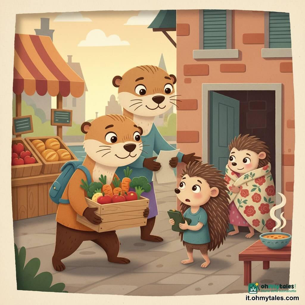 Lia, giovane lontra antropomorfa dagli occhi curiosi e pelliccia castano chiaro, porta con determinazione uno zainetto blu e sostiene una grande cassa di verdure; sua madre Nora, lontra adulta dalla pelliccia più scura e sguardo rassicurante, la osserva orgogliosa con una mano tesa e una lista della spesa spiegazzata; un giovane riccio magro coi pungiglioni bruni, con espressione sollevata e sorpresa, tiene un portamonete aperto davanti alla porta di casa; la sorellina malata, avvolta in una coperta floreale, è seduta vicino a una ciotola di zuppa calda; sul mercato del canale si vedono bancarelle di legno colorate, cesti di mele rosse lucide e pani dorati con etichette gessate, luce calda di fine pomeriggio che proietta ombre lunghe; scena centrata di solidarietà e fiducia reciproca, composizione a triangolo, colori caldi e contrasti netti, stile carta ritagliata con texture sovrapposte e bordi visibili, atmosfera tenera e ottimista.