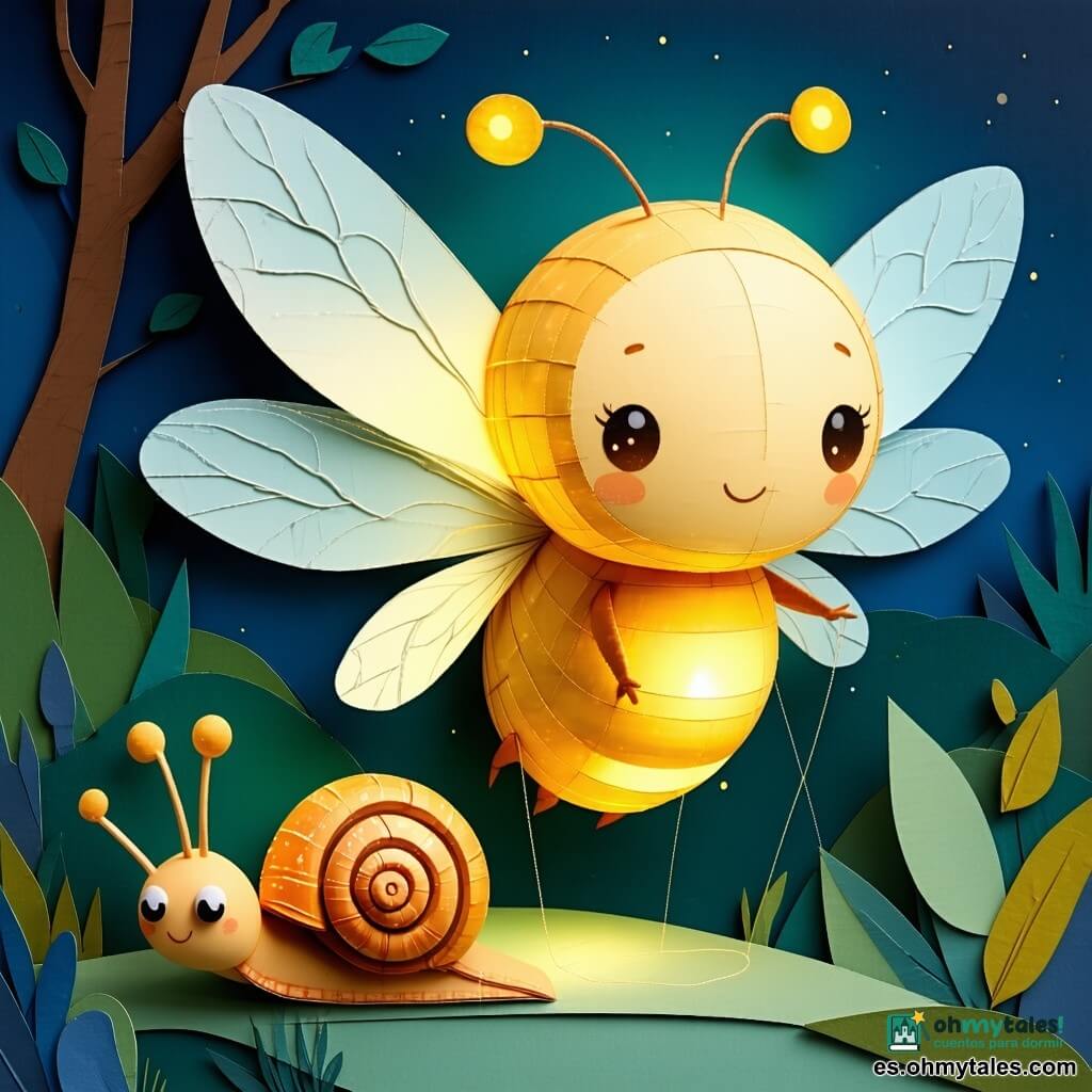 Una pequeña luciérnaga antropomorfa de cuerpo redondo y luminoso, ojos grandes y suaves, alas de papel semitranslúcidas y expresión valiente y alegre que vuela emitiendo un resplandor amarillo cálido; un caracol amigo con concha de papel gofrado y colores vivos, rostro sonriente y ojos curiosos, posado en una hoja animándola; una araña señora colgando de una rama, cuerpo en silueta de papel recortado y mirada benevolente, teje un fino hilo dorado; un río centelleante hecho de tiras de papel metalizado azul y plata con pequeñas ondas brillantes al primer plano; al fondo el Valle del Arcoíris con colinas recortadas multicolores y flores de papel de pétalos vivos, la atmósfera pasa del gris a la explosión de color en el momento en que la luciérnaga ilumina el corazón del valle, la luz estalla en rayos recortados y los colores vuelven llenando de alegría y asombro; paleta viva de amarillos cálidos, azules lechosos, verdes menta con toques de oro y plata, composición simple con formas nítidas, bordes ligeramente rasgados y textura de papel visible para un estilo táctil y lúdico.