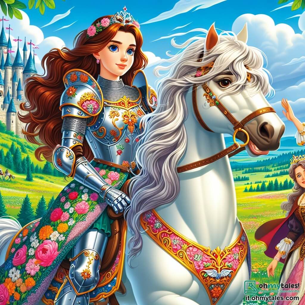 La cavaliere Sofia, una giovane donna coraggiosa di circa 20 anni, indossa un'armatura brillante decorata con motivi floreali. Il suo viso esprime determinazione e gentilezza, con lunghi capelli castani che fluttuano nel vento. È montata sul suo cavallo maestoso, Nuvola, un destrier bianco dai crini setosi, che nitrisce con entusiasmo. Accanto a lei c'è la regina, una donna di una quarantina d'anni, vestita con un abito elegante e riccamente decorato, che le fa cenno con un sorriso incoraggiante. Lo sfondo è un vasto campo verde, punteggiato di fiori colorati sotto un cielo blu splendente, con il castello sullo sfondo, le sue torri slanciate e le bandiere sventolanti. La scena principale mostra Sofia, pronta a partire per l'avventura, sollevando la sua spada scintillante verso il cielo, mentre Nuvola si impazienta, pronto a galoppare verso l'ignoto.