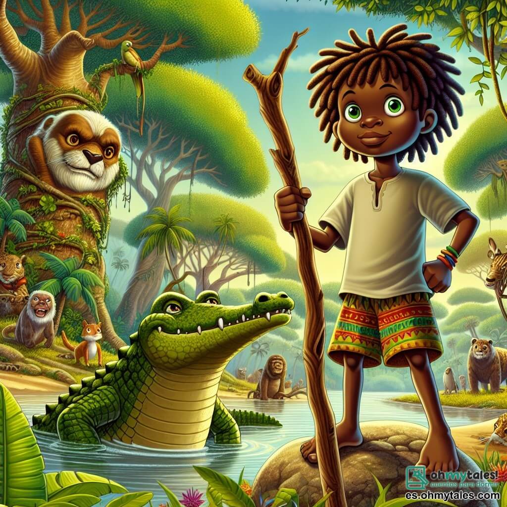 En el centro de la imagen, Kofi, un joven africano de unos 12 años, se encuentra con una mirada decidida y curiosa. Tiene el cabello rizado, ojos brillantes y lleva un pantalón corto de tela colorida y una camiseta sencilla. Sostiene un gran palo de madera, símbolo de su aventura, y está de pie sobre una roca, listo para enfrentar la Selva de los Susurros. A su lado, un viejo cocodrilo sabio, con escamas verdes y ojos penetrantes, emerge del agua, con un aire benevolente, pareciendo listo para plantearle un desafío. Al fondo, un grupo de animales, incluyendo una tortuga de caparazón brillante y un majestuoso león, observa la escena con interés, todos reunidos alrededor de Kofi como aliados en su aventura. El lugar es una jungla exuberante, con árboles gigantes de troncos gruesos, hojas de un verde brillante y flores coloridas que emergen del suelo. Rayos de sol atraviesan el follaje, creando una atmósfera mágica y misteriosa. La situación principal muestra a Kofi frente al cocodrilo, quien le plantea un enigma para cruzar el río. La expresión de Kofi es concentrada, mientras que el cocodrilo, con una sonrisa sabia, espera pacientemente su respuesta. Todo transmite una sensación de aventura y descubrimiento, cautivando la imaginación de los niños.