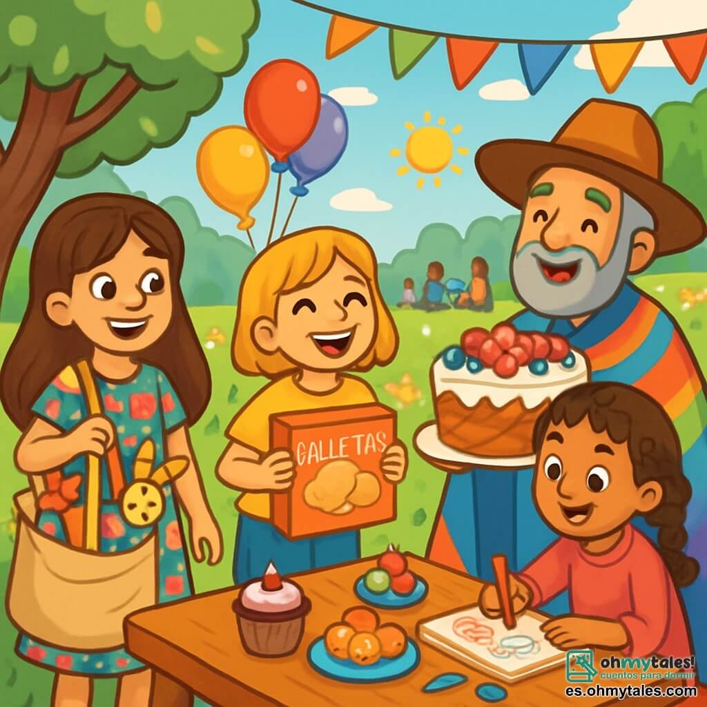 Hay 4 personajes: - Lucía: una niña de 10 años, con cabello largo y castaño y ojos brillantes. Lleva un vestido colorido con estampados florales y sostiene una bolsa de tela llena de juguetes. - Mariana: una niña de 10 años, con cabello corto y rubio, y una sonrisa radiante. Viste una camiseta amarilla y un short de mezclilla, y sostiene una gran caja de galletas. - Fátima: una niña de 10 años, con cabello rizado y una pequeña trenza. Lleva una túnica rosa y pantalones blancos, y está dibujando en un cuaderno con lápices de colores. - Señor Estrella: un hombre de mediana edad, con barba gris y un gran sombrero. Viste una capa colorida y sostiene un gran pastel decorado con frutas en sus manos. Los personajes están en un parque verde, lleno de flores coloridas y árboles majestuosos. Al fondo, se ven niños jugando y familias haciendo picnic en la hierba. El cielo es azul con algunas nubes blancas, y el sol brilla, creando un ambiente alegre y cálido. La situación principal muestra a los cuatro amigos reunidos alrededor de una gran mesa de madera, decorada con pasteles y dulces. Ríen y comparten historias, rodeados de globos coloridos y guirnaldas. La atmósfera es festiva, llena de alegría y camaradería, simbolizando el espíritu del Ramadán.
