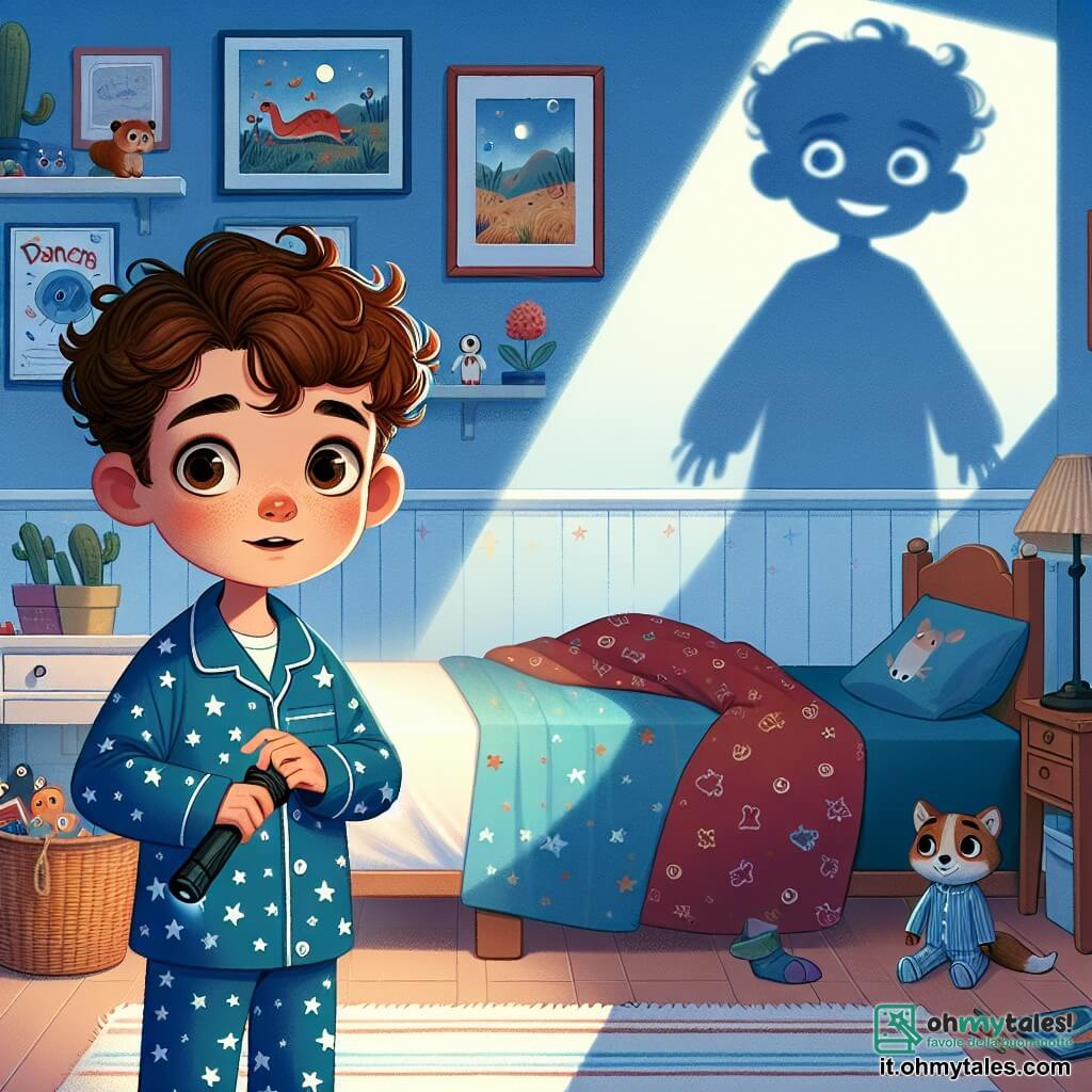 Un ragazzo di 8 anni, di nome Luca, si trova al centro della scena, con i capelli castani disordinati e grandi occhi curiosi. Ha un leggero sorriso sul volto, ma si percepisce un barlume di apprensione nei suoi occhi mentre guarda un'ombra nella sua stanza. Indossa un pigiama blu con stelle bianche, e le mani sono leggermente sollevate, come se fosse pronto a esplorare. Accanto a lui, l'insegnante Carla, una donna di circa 30 anni con i capelli castani raccolti in un chignon e occhiali rotondi, sorride calorosamente. Si trova leggermente in disparte, tenendo una torcia che proietta una dolce luce, illuminando la stanza e creando ombre danzanti sulle pareti. La scena si svolge nella camera di Luca, con le pareti dipinte di azzurro chiaro e decorate con poster di animali e pianeti. Un grande letto con coperte colorate è appoggiato a un muro, e giocattoli sono sparsi sul pavimento. La luce della torcia crea un'atmosfera accogliente, in contrasto con le ombre misteriose che danzano intorno a loro. Luca, con un misto di curiosità e apprensione, osserva le ombre proiettate sul muro, mentre l'insegnante Carla gli spiega come trasformare la sua paura del buio in un'avventura affascinante.