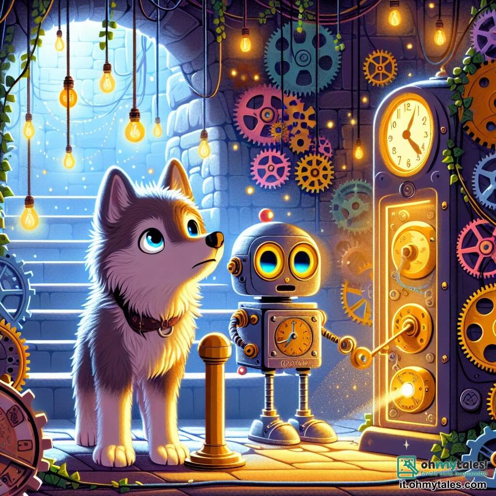 Un piccolo lupo di nome Lupoletto, con un morbido pelo grigio e occhi scintillanti di curiosità, si trova davanti a una misteriosa macchina del tempo. Sembra meravigliato e un po' preoccupato, con le sue piccole zampe anteriori poggiate sulla grande leva dorata della macchina. Accanto a lui, un robot amichevole di nome Roby, con un corpo lucente e luci lampeggianti, sorride e lo incoraggia, i suoi occhi luminosi esprimono gioia ed eccitazione. La scena si svolge in una stanza segreta, piena di ingranaggi colorati e luci scintillanti, con muri in pietra antica ricoperti di edera. Lupoletto, pronto a tirare la leva, sta per scatenare un'avventura incredibile nel tempo, mentre Roby lo osserva con impazienza, ansioso di vedere dove andranno dopo.