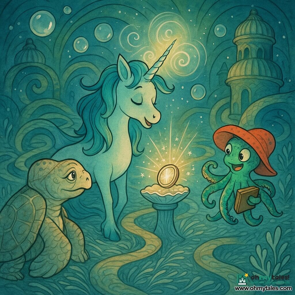 The heroine is a marine unicorn named Lyria with a gentle face, large curious eyes, a floating mane of pearly green and sapphire blue and a silver spiral horn casting an iridescent halo; she is moved and confident, softly singing as she gazes at a glowing medallion. Pip, a juvenile octopus wearing an oversized coral hat with tentacles spotted emerald, holds a worn notebook and swims beside Lyria, enthusiastic and encouraging. Elder Mira, an old sea turtle with a wrinkled, nacre-patterned shell and calm, wise eyes, rests near a shell pedestal, watching kindly. They are in the Hall of Whispers, a maze of translucent bubbles and spiraled coral paths with giant shell towers and golden light filtering through water over a floor of silvered algae. Lyria and Pip have reached the maze center where the medallion sits on a shell pedestal; Lyria’s horn sends out swirls of light that make the bubbles gleam and the medallion begins to split, scattering pearly sparks.