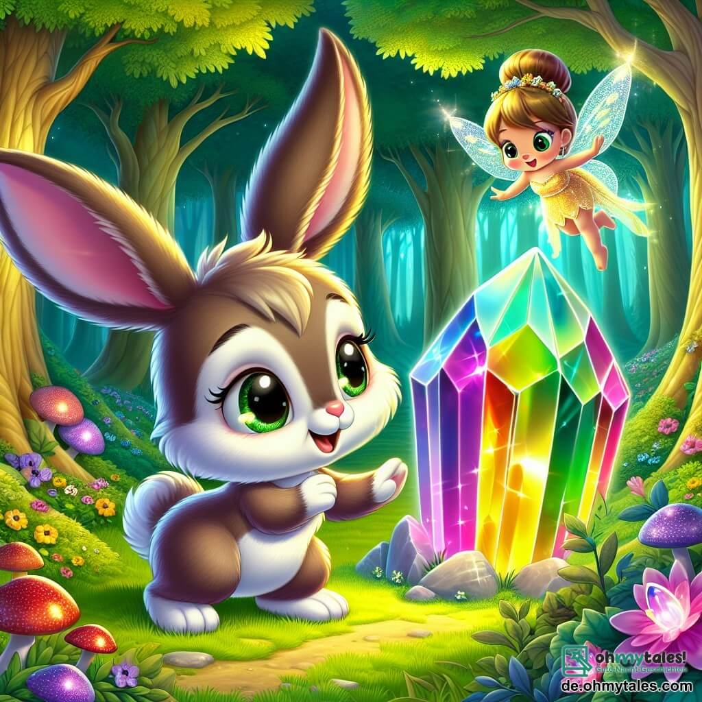 Ein kleiner Hase mit großen Ohren und weichem Fell, dessen Augen vor Neugier funkeln, steht am Rand eines wunderschönen Lichts und ist von der Schönheit eines strahlenden Kristalls fasziniert, der leuchtende Farben ausstrahlt. Er wirkt sowohl aufgeregt als auch ein wenig nervös, bereit, das Herz des Waldes zu berühren. Neben ihm schwebt eine kleine Fee mit glitzernden Flügeln und goldenem Haar, die freundlich lächelt, stolz auf den Mut des Hasen. Sie trägt ein Kleid aus Blütenblättern, was der Szene einen Hauch von Magie verleiht. Im Hintergrund erstreckt sich ein verzauberter Wald mit majestätischen Bäumen und leuchtend grünen Blättern, während leuchtende Blumen und bunte Pilze den Boden bedecken und eine märchenhafte Atmosphäre schaffen. Die Hauptsituation zeigt den kleinen Hasen, der zögerlich, aber entschlossen ist, den magischen Kristall zu berühren, was seinen Mut und seinen Wunsch nach Abenteuer symbolisiert, während die Fee ihn mit einem warmen Lächeln ermutigt und den Moment mit sanfter Magie erhellt.
