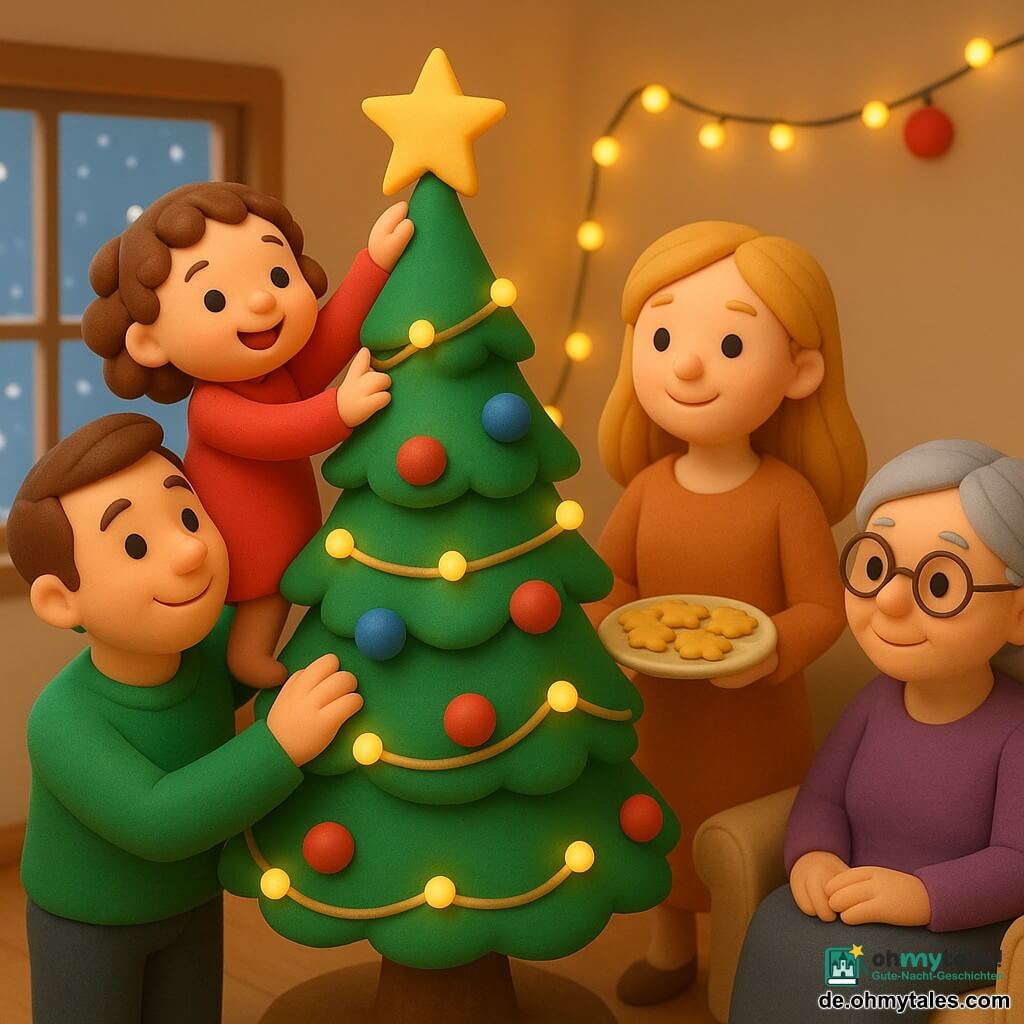 Ein kleines Mädchen von 2 Jahren mit braunen Locken und einem strahlenden Lächeln, gekleidet in ein rotes Kleid, platziert einen glänzenden Stern auf die Spitze eines großen Weihnachtsbaums. Ein etwa 35-jähriger Mann mit kurzen braunen Haaren, lächelnd und in einem grünen Pullover gekleidet, hält das kleine Mädchen, um ihr zu helfen, die Baumspitze zu erreichen. Eine etwa 33-jährige Frau mit langen blonden Haaren und einem sanften Lächeln steht neben dem Baum und hält ein Tablett mit goldenen Keksen. Eine etwa 70-jährige Dame mit grauen Haaren und runden Brillen sitzt auf einem Sofa und schaut die Szene liebevoll an. Das Wohnzimmer ist warm dekoriert mit funkelnden Lichterketten und bunten Weihnachtskugeln am Baum. Die Hauptszene zeigt eine fröhliche und festliche Stimmung, mit Schneeflocken, die durch das Fenster sichtbar sind und eine magische und einladende Weihnachtsatmosphäre schaffen.