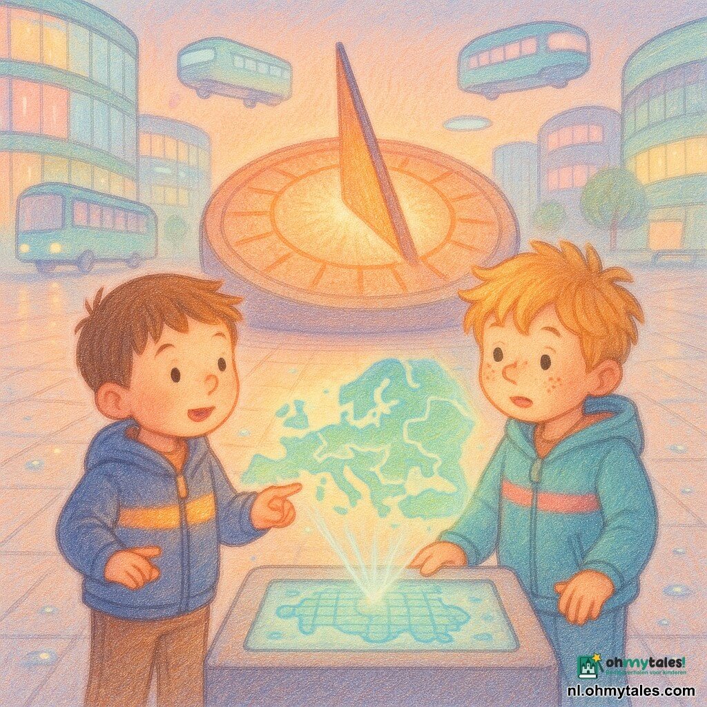 Twee jongens van ongeveer 5 jaar: Milo, bruin kort haar, rond gezicht, links, draagt een nachtblauwe jas met geel-oranje lichtstrepen, wijst naar een grote, pulserende zonnewijzer; Sem, blond warrig haar, sproeten, rechts, draagt een watergroene jas met roze lichtstrepen, houdt Milo's hand en kijkt naar een holografische kaart die boven een drukgevoelige plaat zweeft; locatie: de Zonneklok, een glad geplaveid plein met een ronde reusachtige klok die warm oranje-wit ademt, omringd door gebogen glazen gebouwen met pastelkleurige neon, wielenloze bussen en drijvende platformen, fonkelende regendruppels weerspiegelen licht; sfeer: rustige futuristische scène in warme pasteltinten, gecentreerde compositie op klok en kaart, getekend met zachte kleurpotloodtextuur en kinderlijke lijnen.